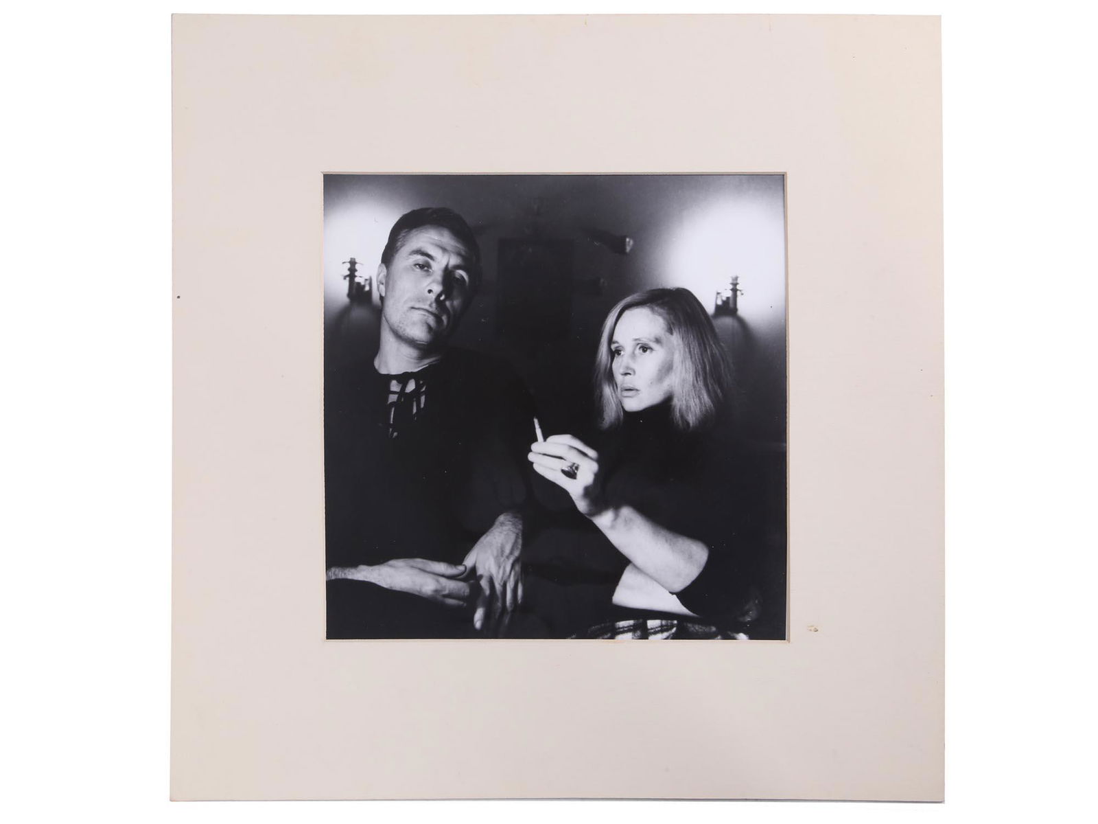 RUSSIAN PHOTO OF LIDIA MASTERKOVA HENRY KHUDYAKOV: A rare group photo portrait of famous Russian Soviet emigrant artists LIdia Masterkova and Henry Khudyakov, circa 1960s. In a mount. Singed in pen on verso. Lidia Masterkova (Russian, 1927-2008) was a