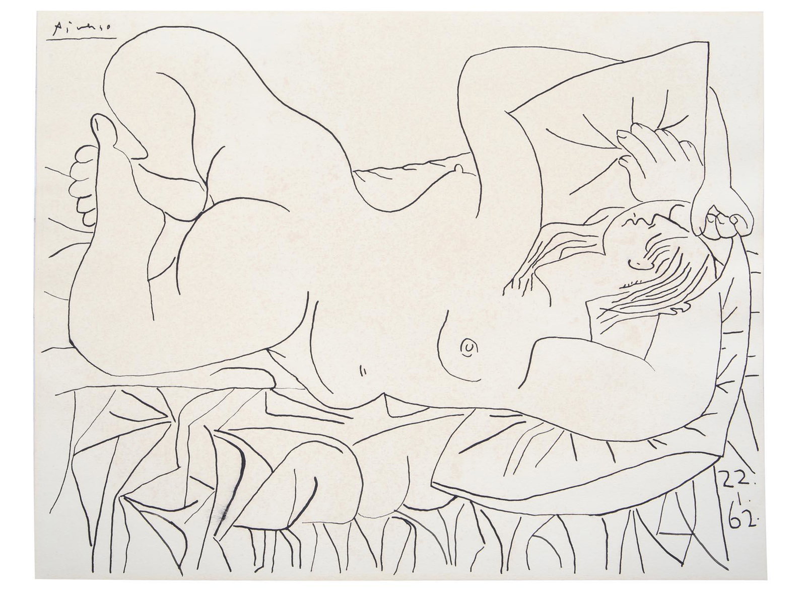 AN INK PAINTING NUDE FEMALE AFTER PABLO PICASSO: Pablo Picasso (Spanish, 1881-1973) ink painting on heavy paper in the manner of Femme au Repos (Woman at Rest). Signed upper left. Unframed. Provenance: the painting offered comprises part of the Paci