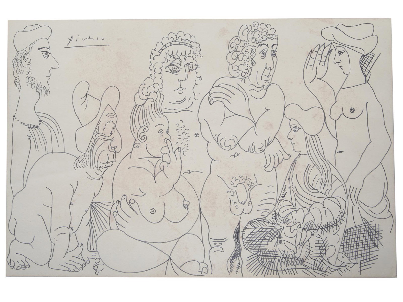 A PENCIL PAINTING NUDE AFTER PABLO PICASSO: Pablo Picasso (Spanish, 1881-1973) pencil painting on heavy paper in the manner of Divers Nus Grotesques (Various Grotesque Nudes). Signed upper left. Unframed. Provenance: the painting offered compri