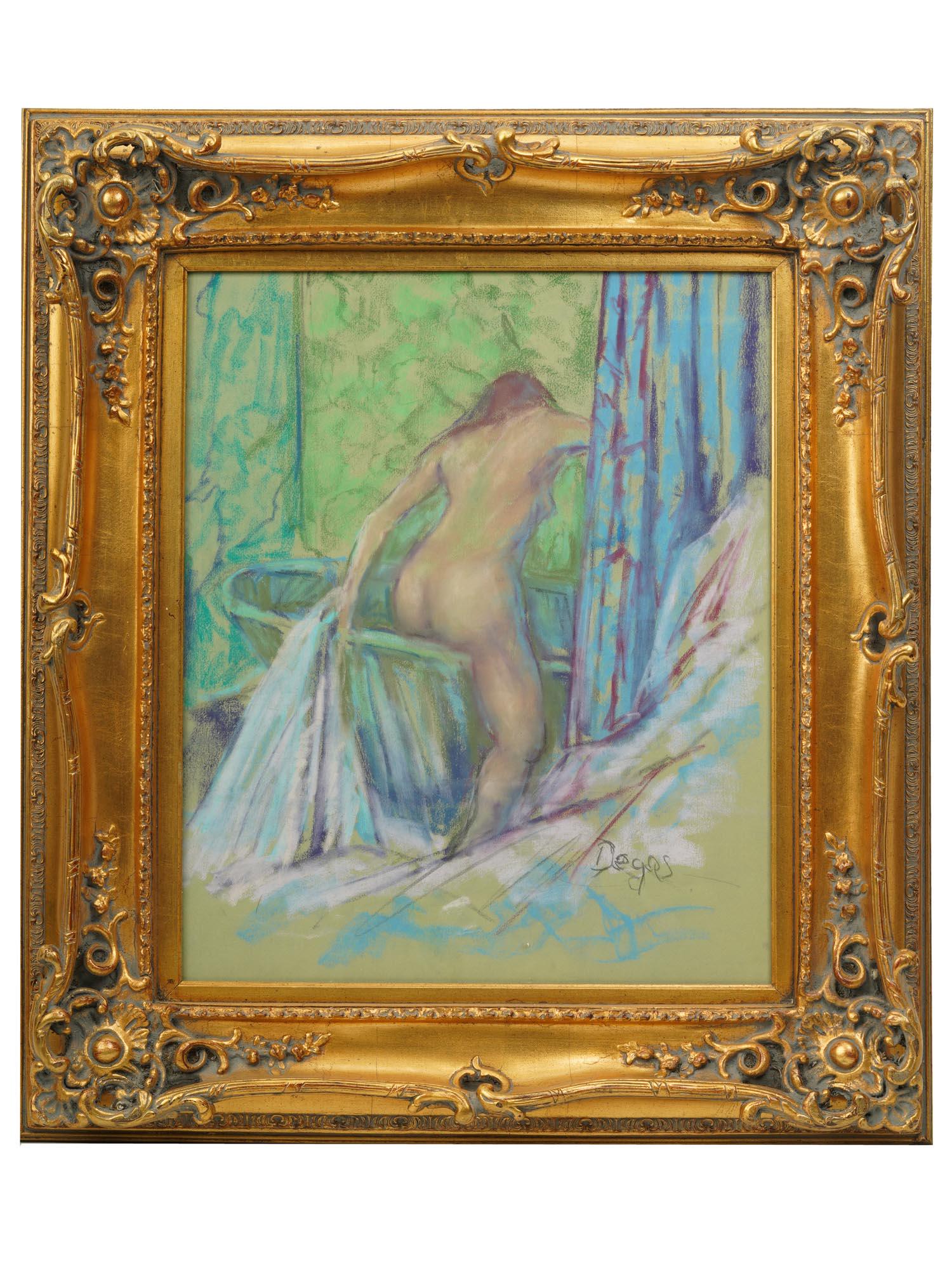 AFTER EDGAR DEGAS PASTEL PAINTING: A pastel on off-white laid paper mounted on board painting after original Hilaire Germain Edgar Degas (French, 1834-1917) work titled The Morning Baths. Framed. Later in his career Edgar Degas began u