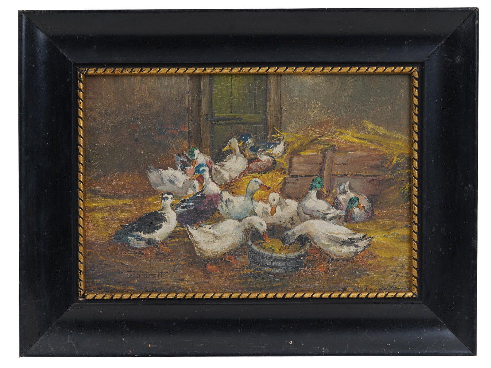 A MIDCENTURY GERMAN OIL PAINTING BY FRANZ WALDRAFF: Franz Waldraff (German, 1878 - before 1942) oil on wood board painting featuring geese. Signed on lower left. Framed. Dimensions: Frame Size: 10 1/4 X 13 1/4 in.Image Size: 6 1/4 X 9 1/2 in.