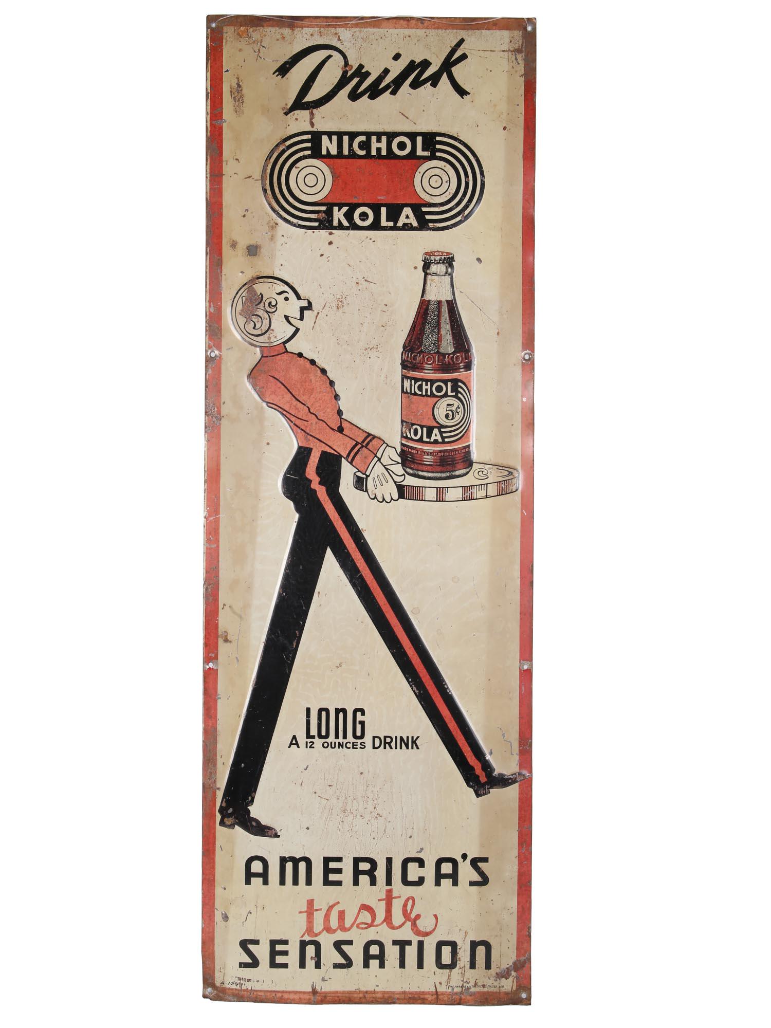 AMERICAN DRINK NICHOL KOLA ADVERTISING TIN SIGN: An original American Drink Nichol Kola advertising tin sign with an enameled image of receptionist carrying a huge bottle of drink and black and red lettering of logo and inscription, A Long 12 Ounces