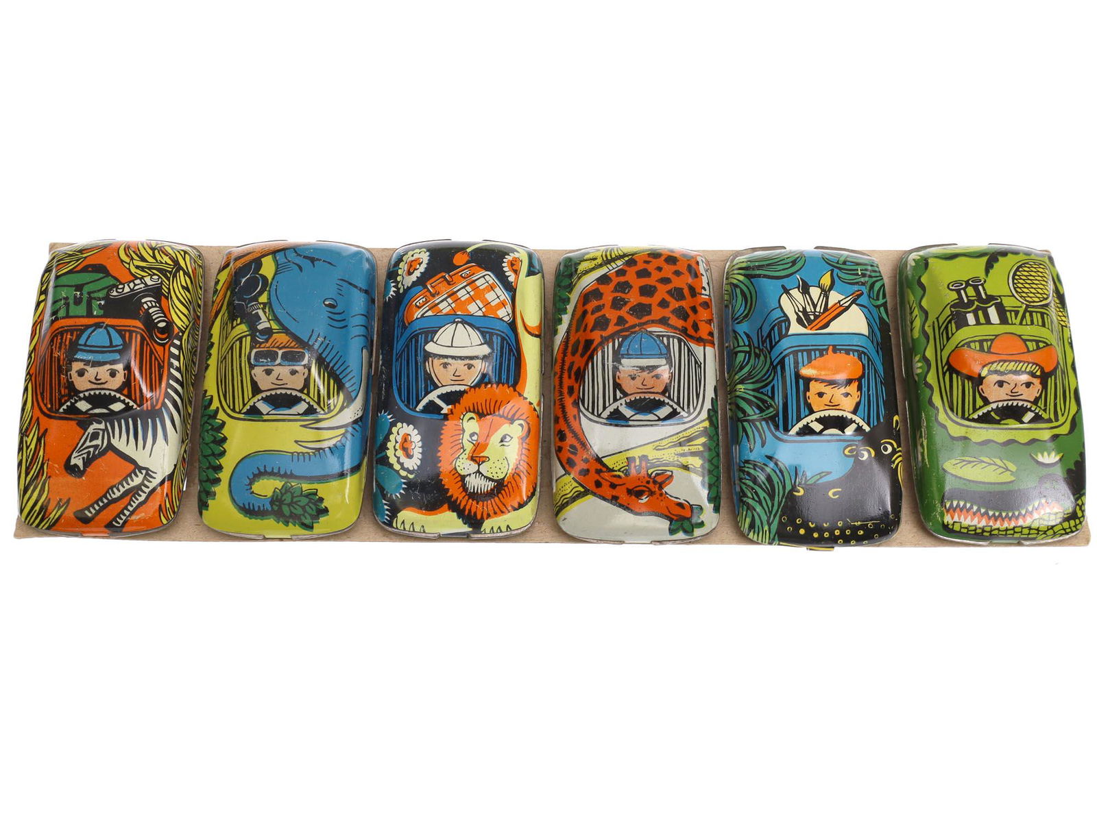 A SET OF SIX SOVIET SAFARI TIN TOY CARS: A Set of Six Soviet Safari Tin Toy Cars from the Golden Key Jungle series. Lithography decorated tin cars in yellow, orange, green, white, black and blue colors with drivers and animals: crocodile, el
