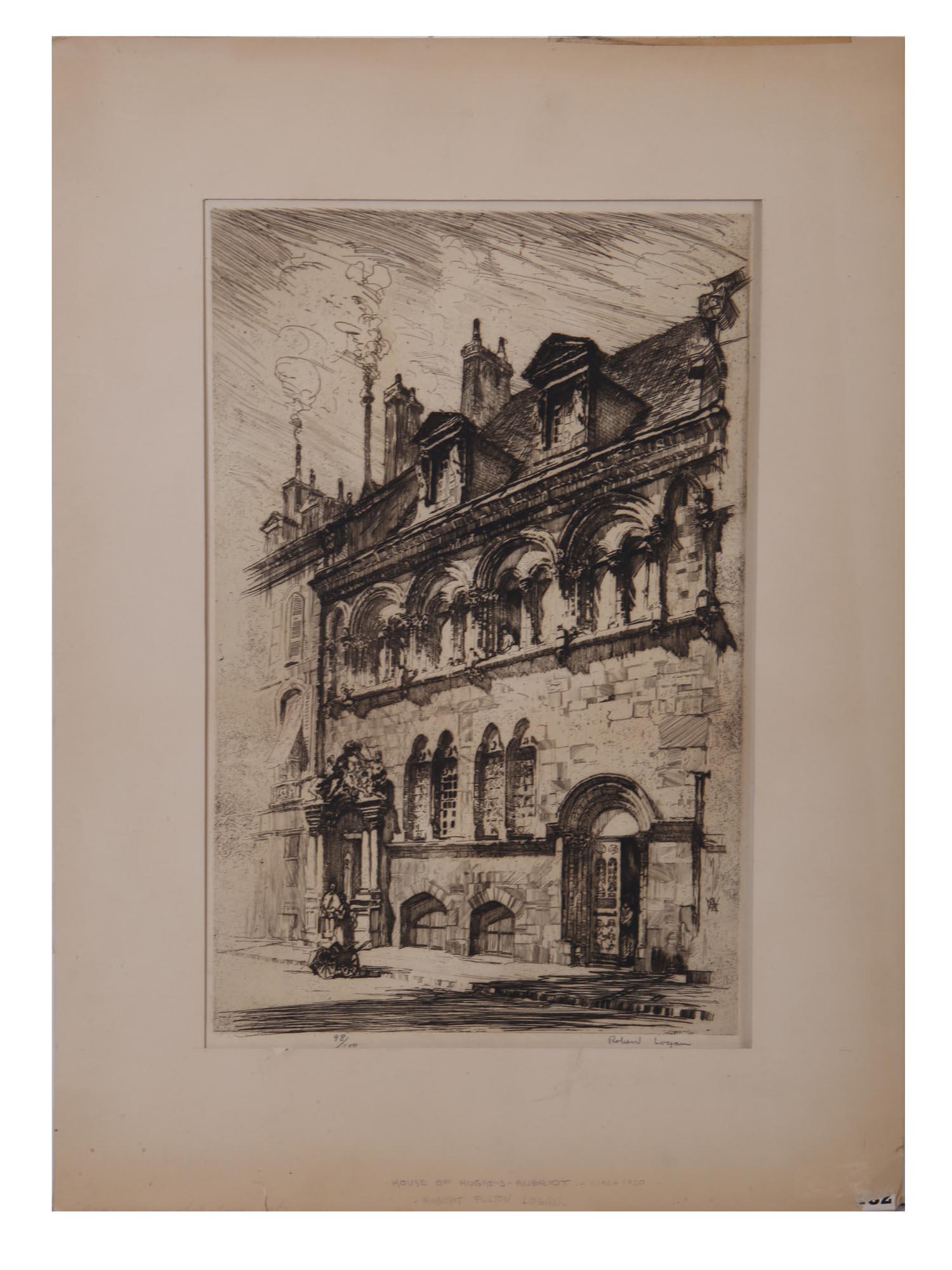 HOUSE OF HUGUES AUBRIOT ANTIQUE ETCHING ARTWORK: Robert Fulton Logan (Canadian/ American, 1889-1959) etching on paper, House Of Hugues Aubriot, circa 1920s. Signed lower right. Numbered 92 of 100 lower left. Additionally inscribed in pencil lower to