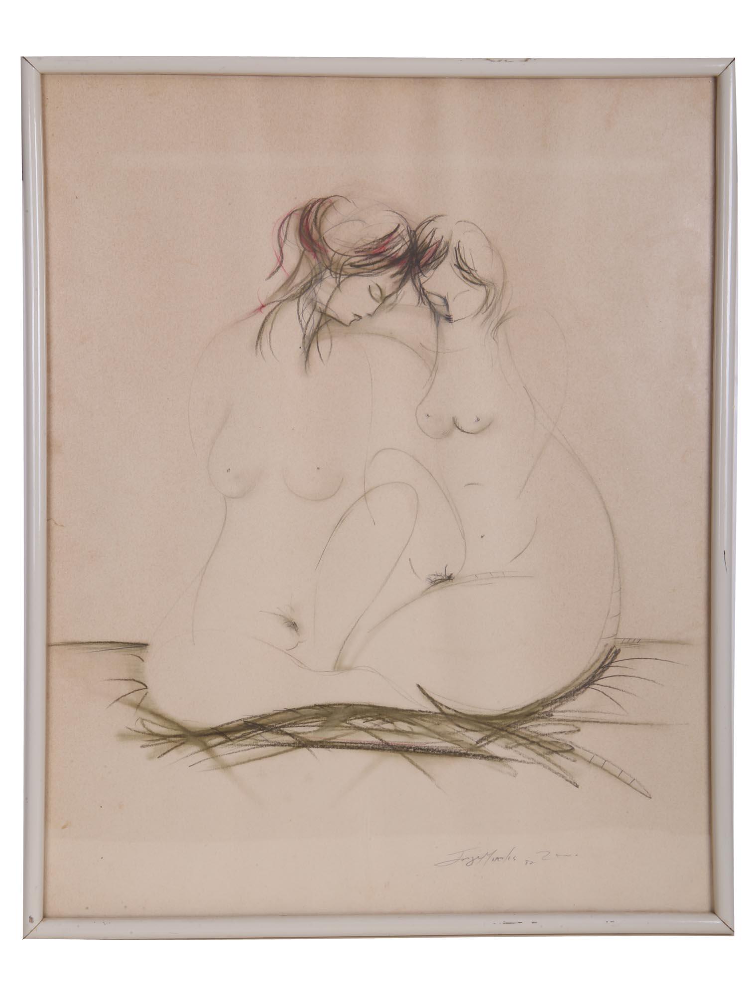 A CHARCOAL & PENCIL NUDE PAINTING BY JOSE MORALES: Jose Jorge Chavez Morales (Peruvian, born 1965) charcoal and color pencil painting on paper depicting two sitting nude female figures, 1987. Signed and dated lower right. Framed. Dimensions: Framed 31