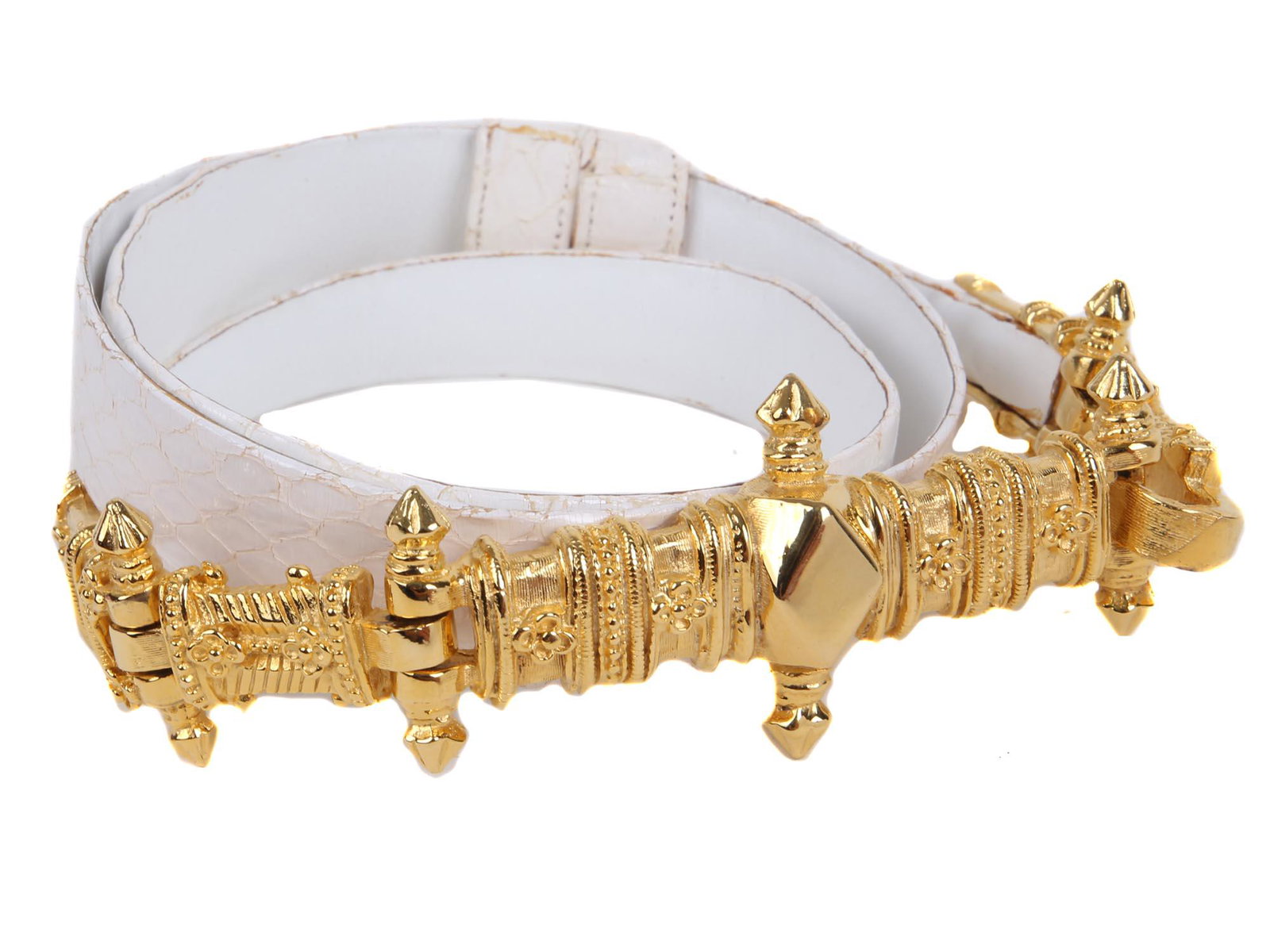 A JUDITH LEIBER GOLD AND WHITE SNAKESKIN BELT (1 of 3)