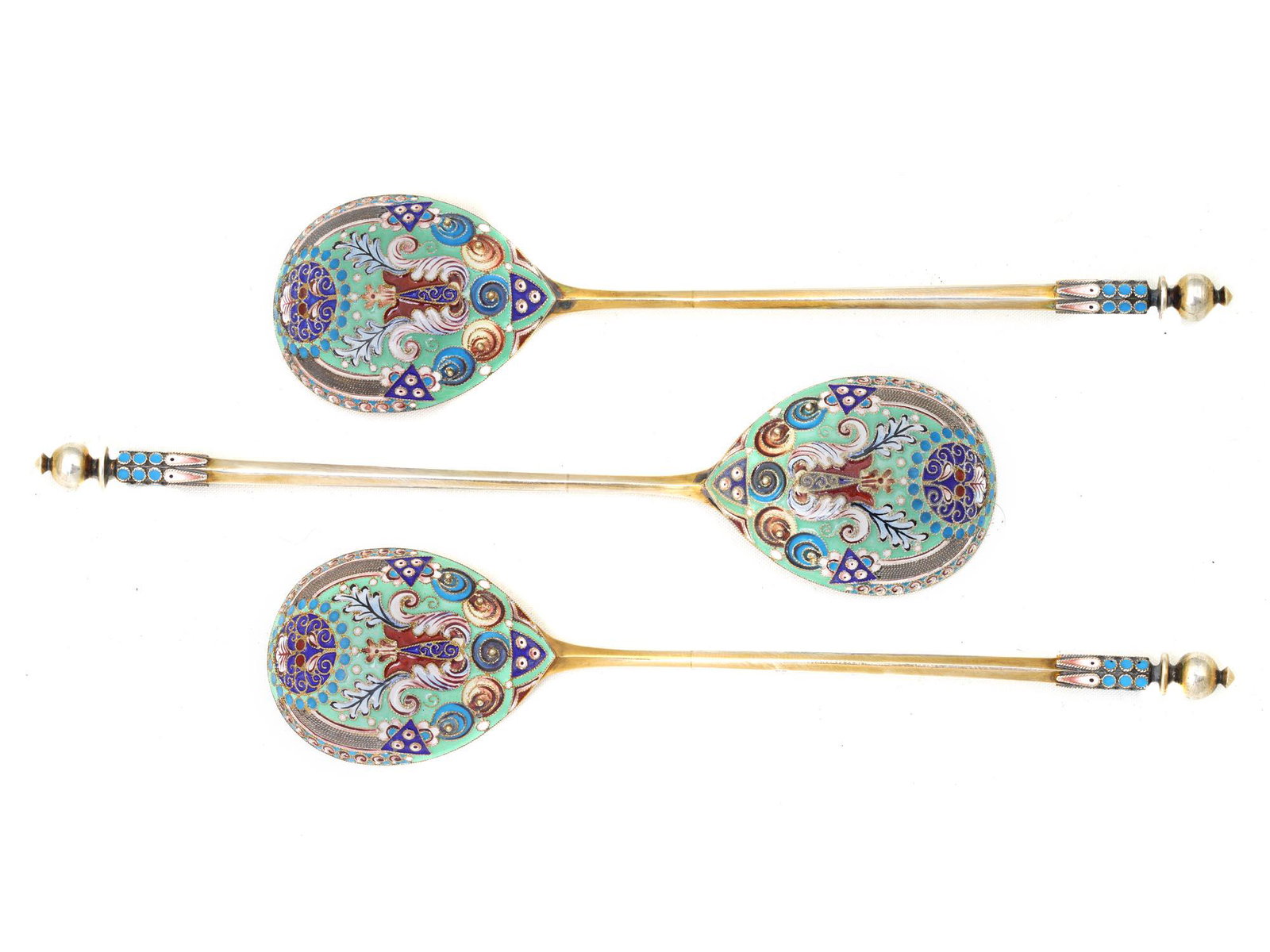 A RUSSIAN GILT SILVER AND ENAMEL SPOONS (1 of 4)