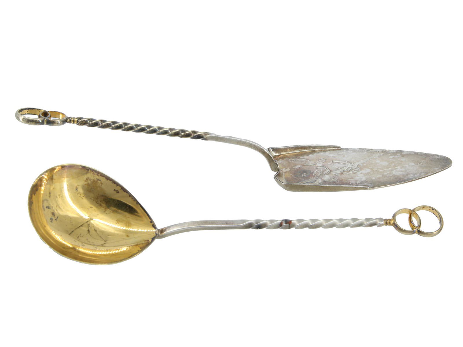 A SET RUSSIAN GILT SILVER DESSERT SPOON & SPATULA (1 of 4)