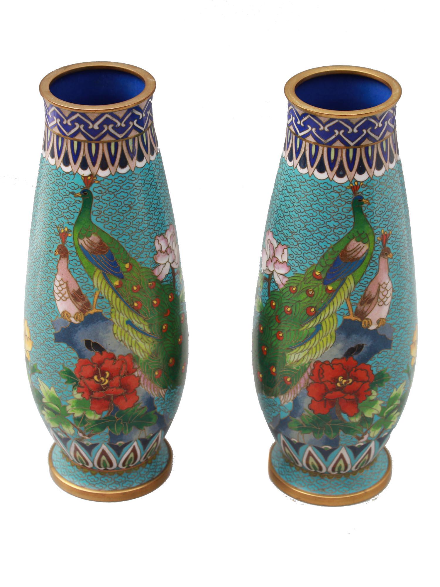 TWO VINTAGE CHINESE BRASS CLOISONNE ENAMEL VASES (1 of 5)