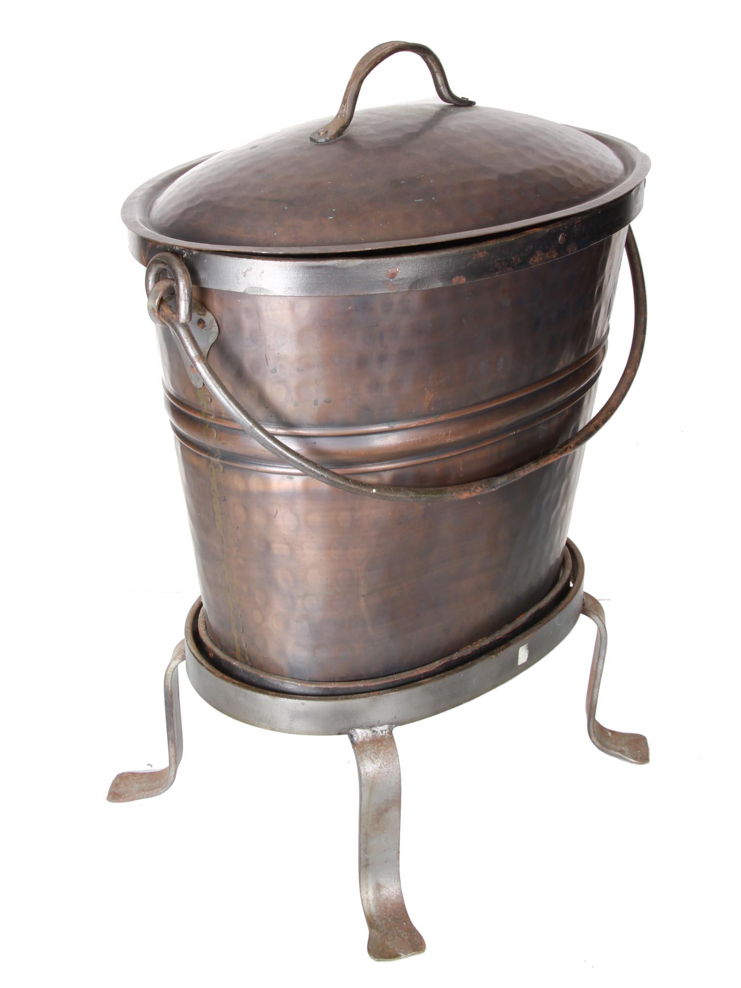 A COPPER ASH BUCKET WITH LID & STURDY IRON STAND Jan 15, 2022
