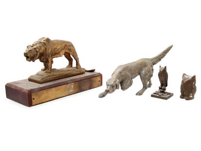 A LOT OF 4 VINTAGE BRONZE ANIMAL FIGURINES: A collection of four vintage animal figurines including the signed bronze lion figurine on a wooden base by Frederick George Richard Roth (1872-1944). Lot of decorative artwork pieces, desk or table a