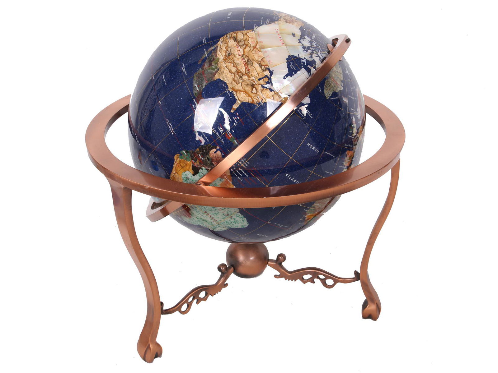 A VINTAGE GLOBE WITH STONE INLAY ON A BRASS STAND (1 of 4)