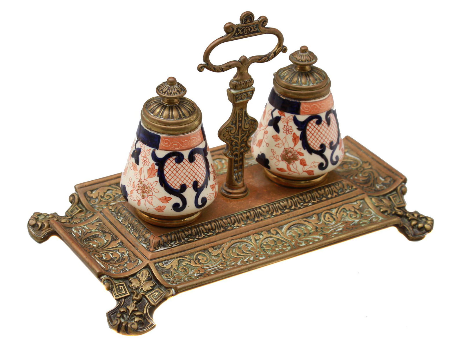 PAIR PORCELAIN DOUBLE SALT CELLARS & BRASS STAND (1 of 8)