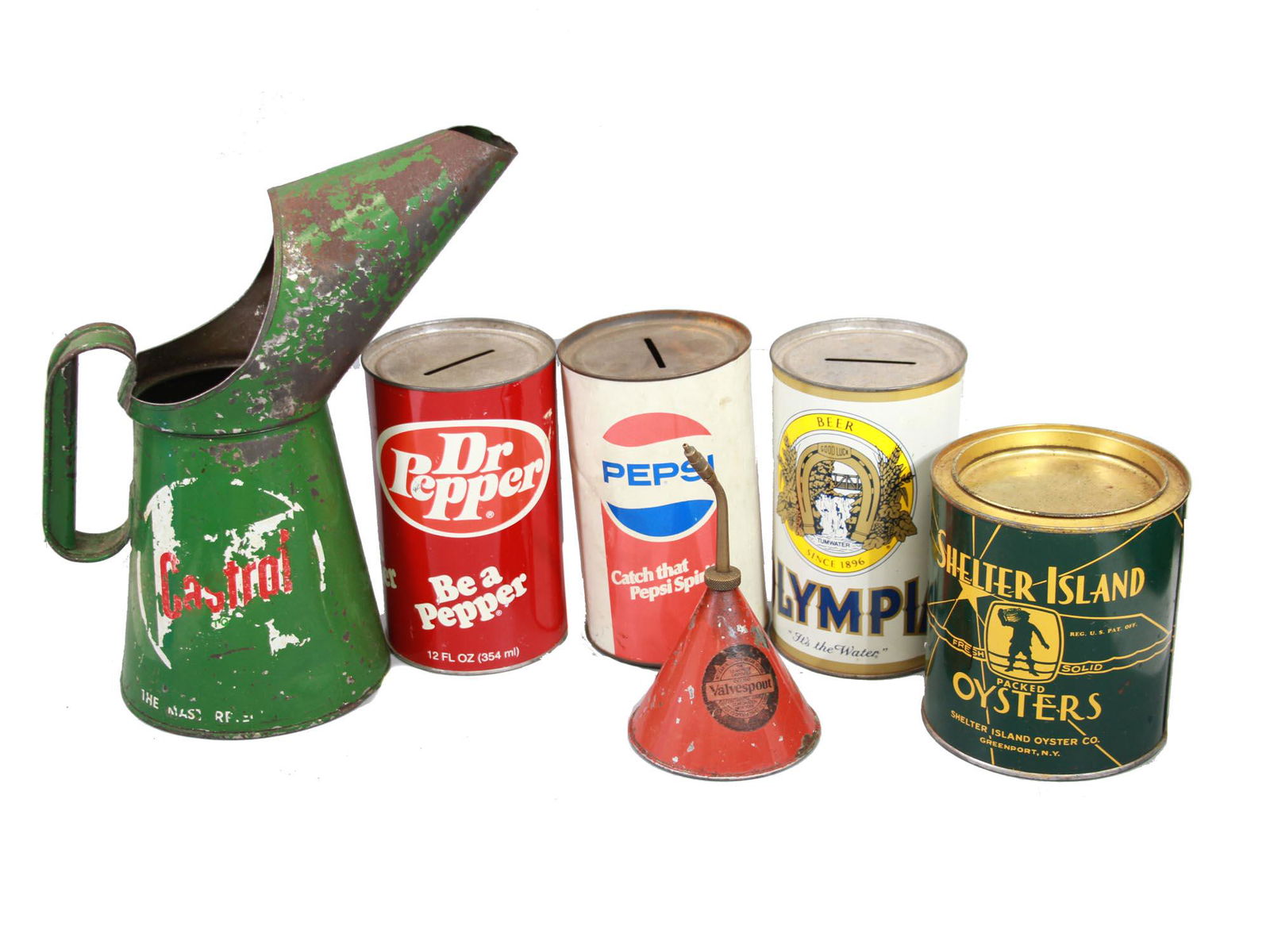 A LOT OF VINTAGE ADVERTISEMENT CANS AND JUGS (1 of 12)