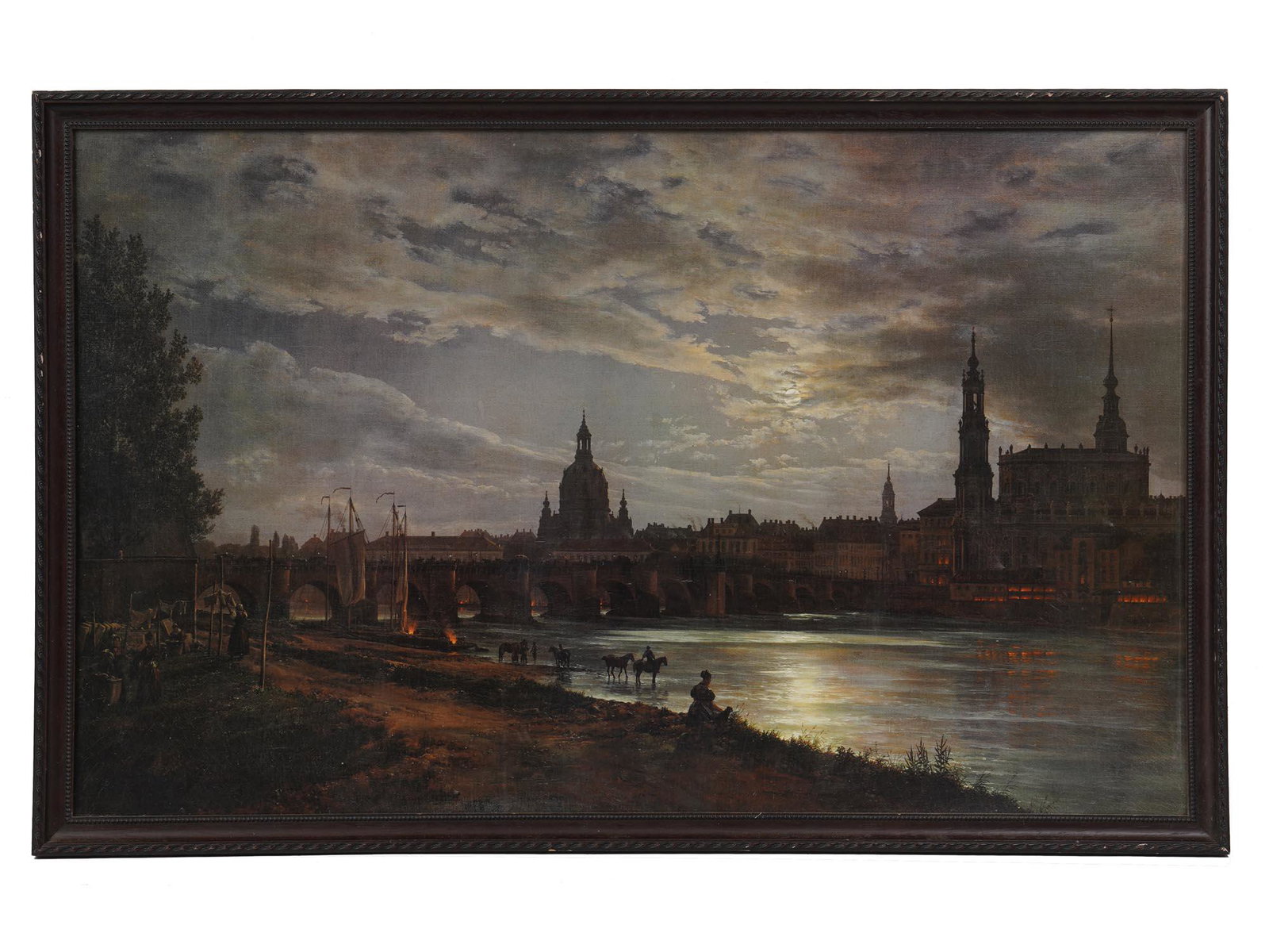 PRINT AFTER JOHAN CHRISTIAN DAHL PAINTING DRESDEN: A print after painting by Johan Christian Clausen Dahl (Norwegian, 1788-1857) original oil painting on canvas, View of Dresden by Moonlight, 1839. Framed. Johan Christian Claussen Dahl often known as 