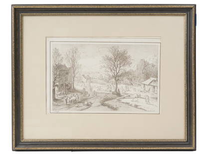 A JOHANN NEPOMUK STRIXNER PRINT AFTER BRUEGHEL: An antique framed print by Johann Nepomuk Strixner, German, 1782 - 1855, after The Village scene by Jan Brueghel the Elder, Flemish, 1568-1625. Signed in plate, J. Breughel on the lower left and N. St