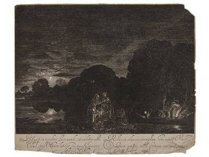 THE FLIGHT INTO EGYPT ENGRAVING BY HENDRICK GOUDT: Hendrick Goudt (Dutch, c.1583–1648) antique engraving printed in black ink on paper after the original oil-on-copper cabinet painting by Adam Elsheimer (German, 1578–1610) titled The Fli