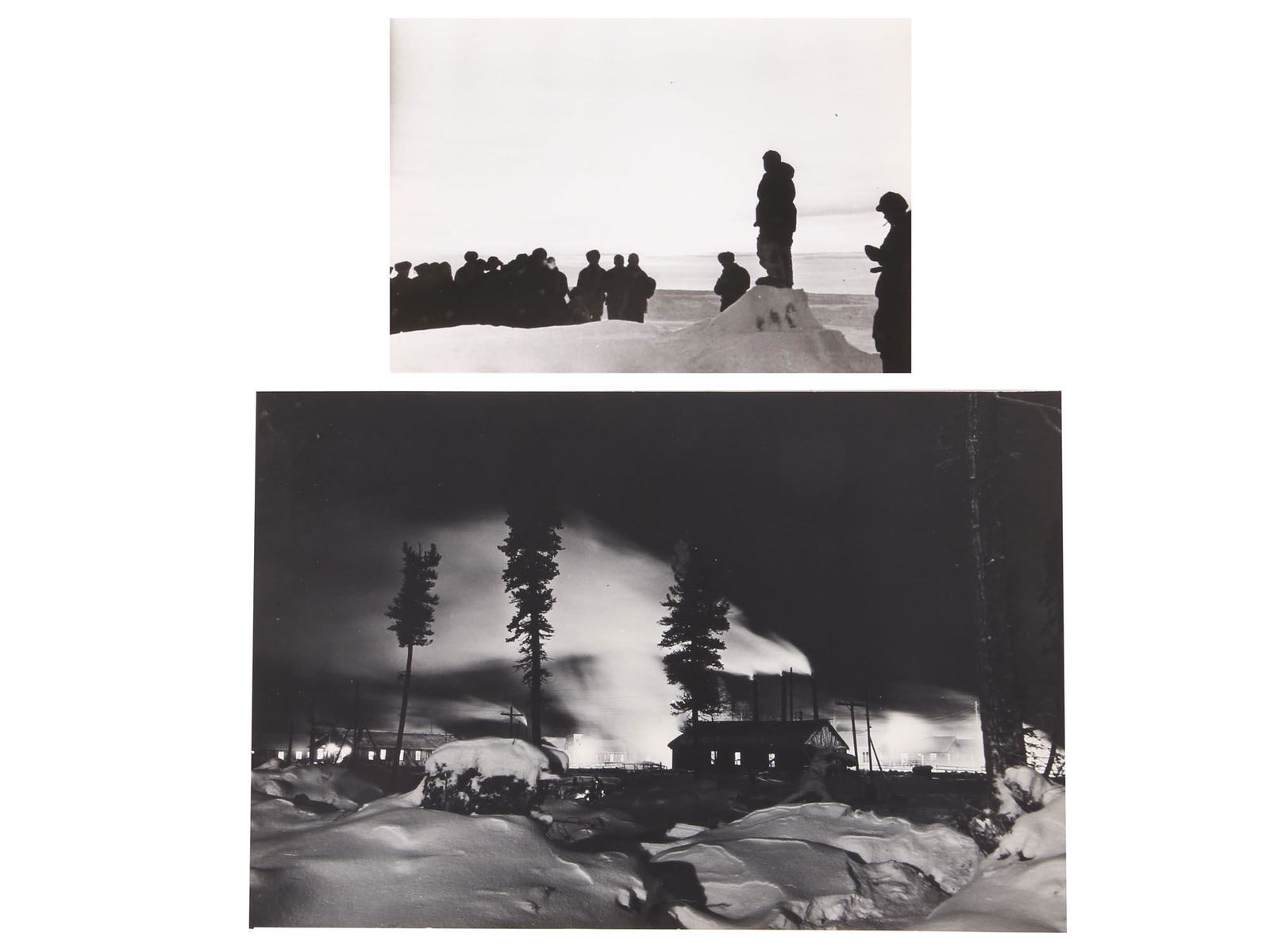 PAIR OF RUSSIAN BLACK AND WHITE EXPEDITION PHOTOS: A pair of Russian original black and white photographs of expeditions. The first: a photo, Awakened Taiga, by Semyon Osipovich Fridlyand (1905-1964), a Soviet photographer and journalist; inscribed in