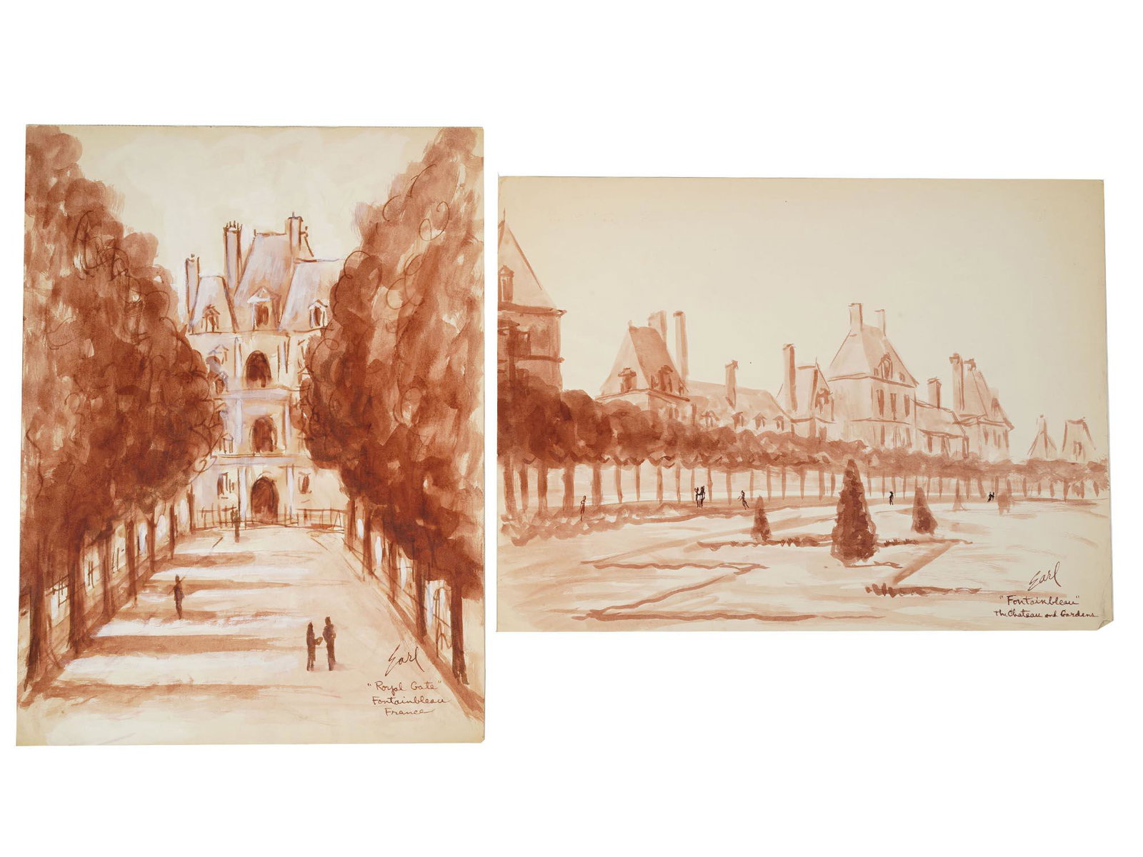 ATTR TO EARL NIEMAN WATERCOLOR PAINTING OF FRANCE: Attributed to Earl C. Nieman (American, 1919-?) pair of watercolor paintings on paper depicting a French cityscape, Fontainbleau The Chateau and Gardens, Portal Gate. Signed and titled lower right. On