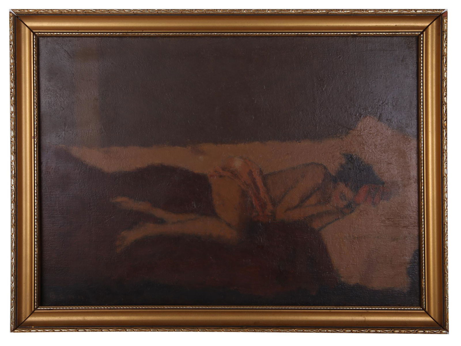 AN AMERICAN PAINTING OIL ON CANVAS BY BEN BENN: A Ben Benn (Russian/American, 1884-1983) oil on canvas painting depicting a sleeping girl. Signed by the artist on the lower left. With an auction label on the verso. Presented in an old gilt wooden f