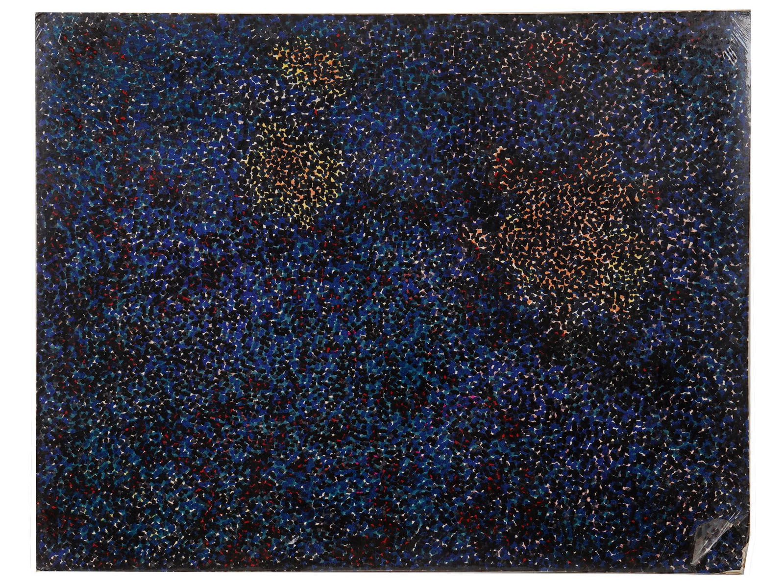 ABSTRACT POINTILLIST PAINTING BY CLAUDE PELIEU: Claude Pelieu (French, 1934-2002) abstract modern painting in the pointillist style. Signed on verso and dated 1982-1983. Dedicated to Allen Ginsberg, an American poet and writer. Claude Pelieu was a