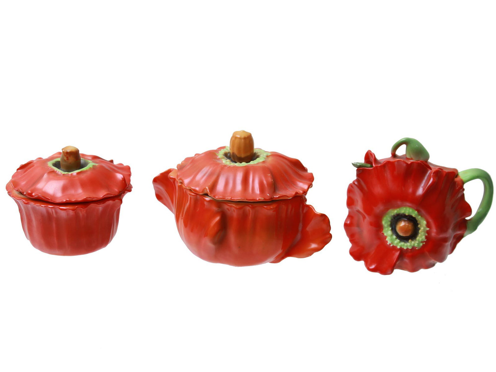 ROYAL BAYREUTH PORCELAIN POPPY SET OF THREE PIECE: A set of three Bavarian Royal Bayreuth porcelain pieces including a covered jam jar with a spoon, a sugar bowl, and a covered bowl in the form of red poppies with green leaves. Marked with blue manufa