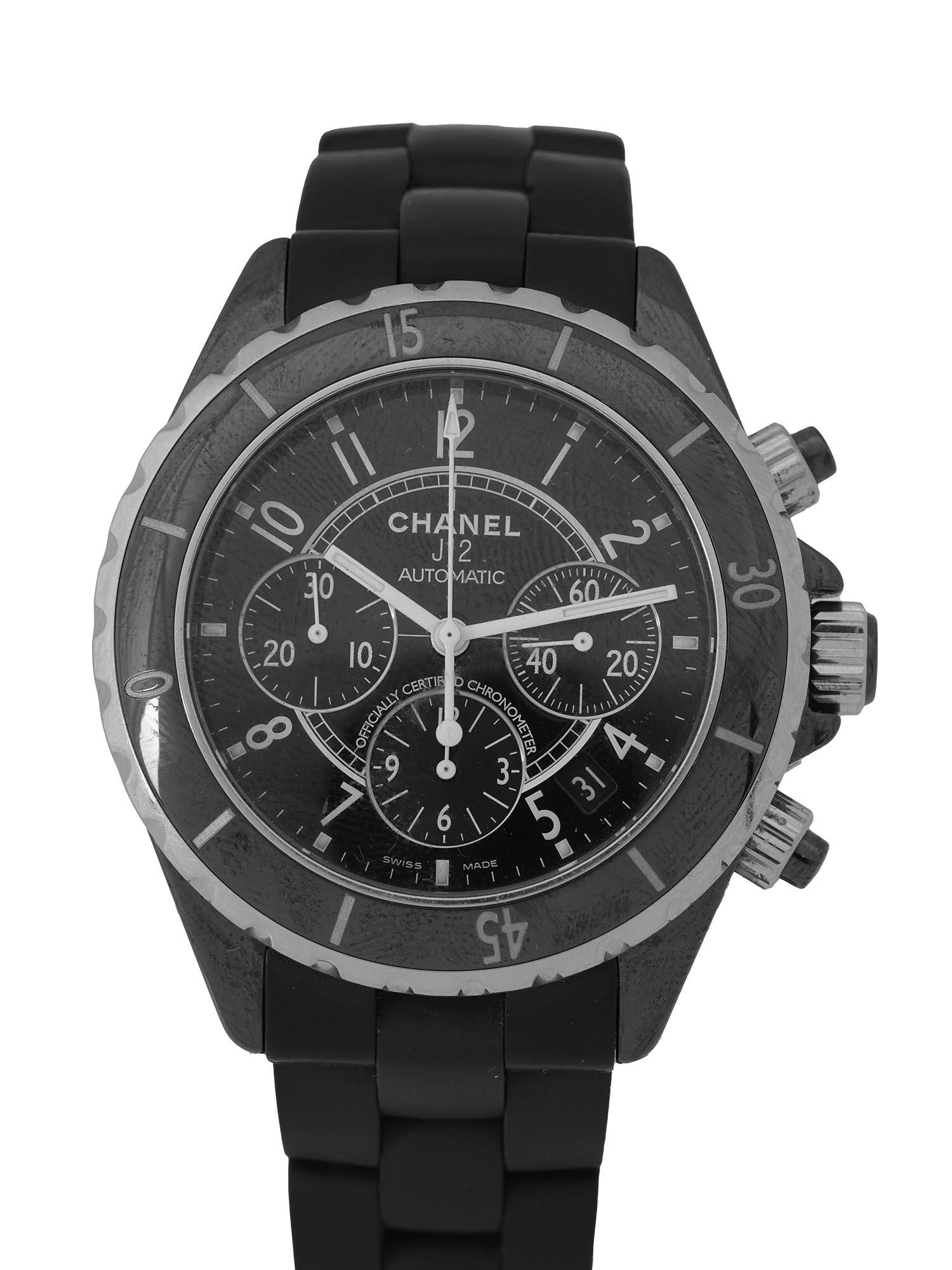 CHANEL J12 BLACK CERAMIC CHRONOGRAPH WATCH: Black ceramic case with a black ceramic bracelet. Bidirectional rotating stainless steel bezel with a black ceramic inlay. Black lacquered dial with luminous hands and Arabic hour markers. Minute mark