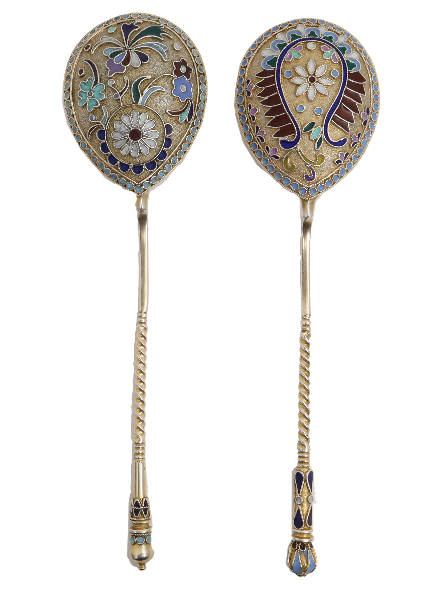 A PAIR OF LARGE RUSSIAN SILVER GILT & ENAMEL SPOONS (1 of 5)