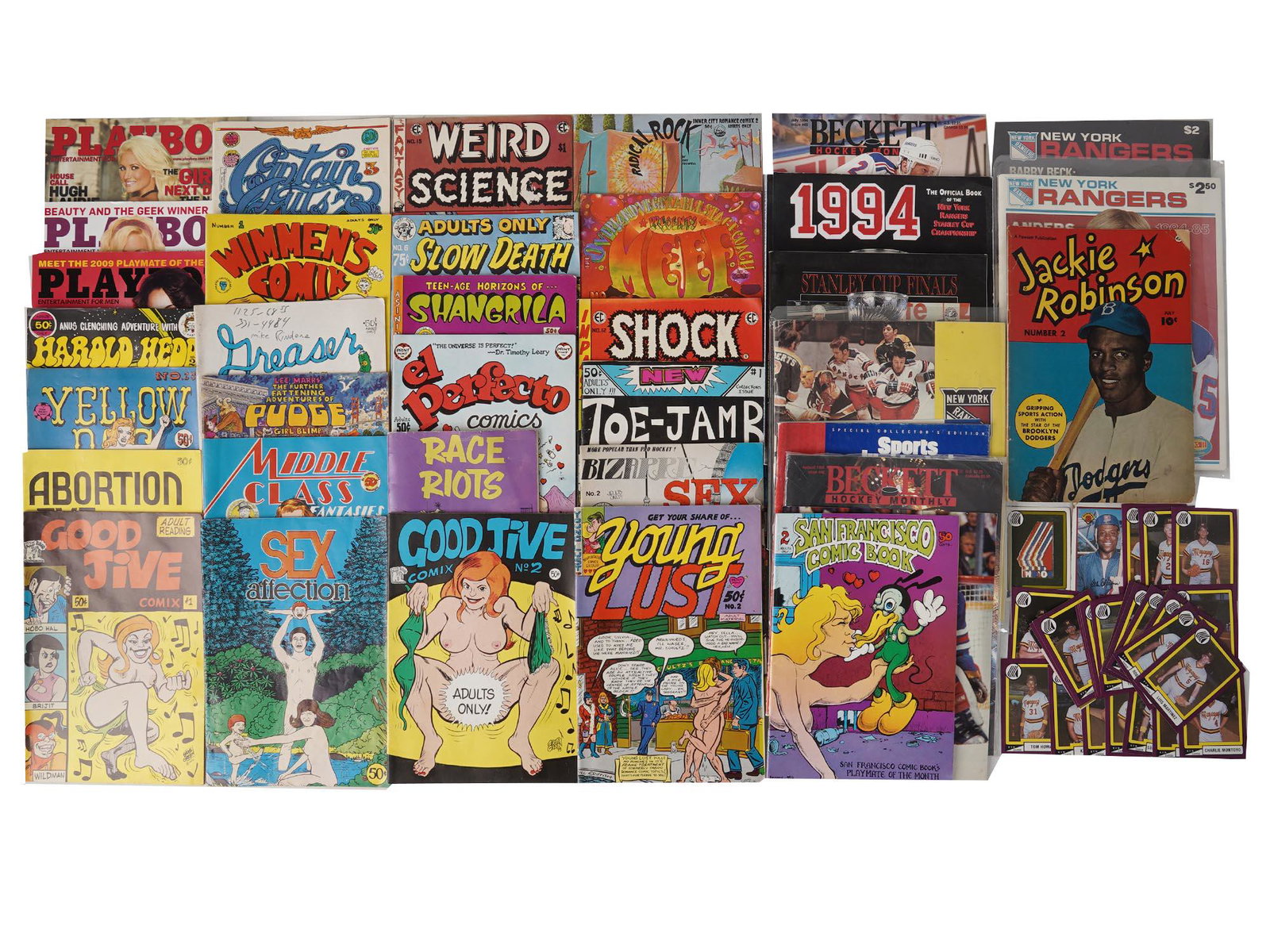 COLLECTIBLE COMICS, SPORT AND EROTIC MAGAZINES: A large collection of vintage comics magazine issues from the 1970s dedicated to erotic and sexual content like Good Jive Comix, Young Lust, Weird Science, and more including some vintage Playboy maga