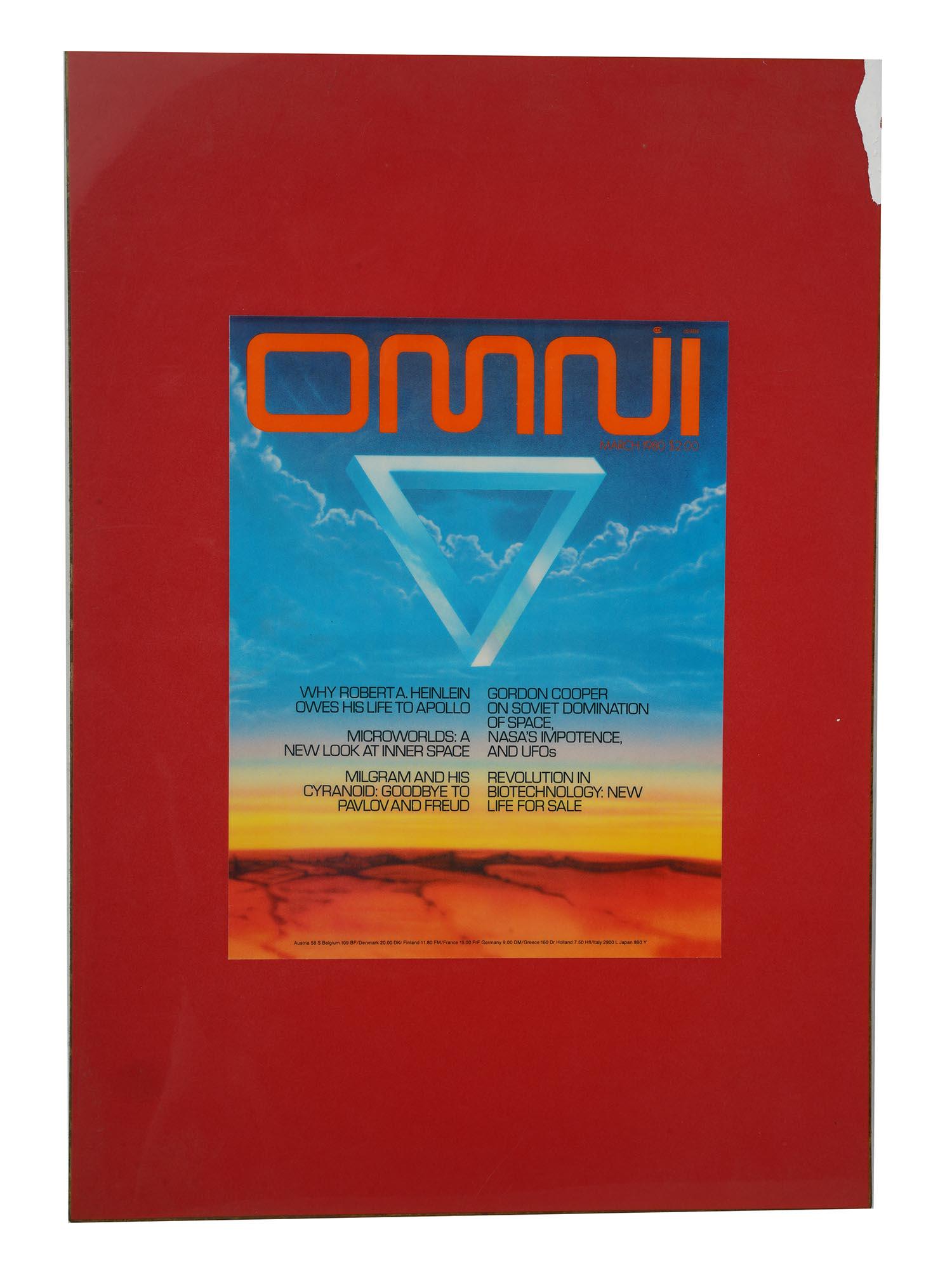 ORIGINAL DESIGN COVER OMNI MARCH 1980 BY GUY FERY: An original vintage design for the cover of OMNI Magazine with the artwork Gene of Art by Guy Fery. Mounted on the red mat. Signed on the back: Guy Fery. Omni was a science and science fiction magazin