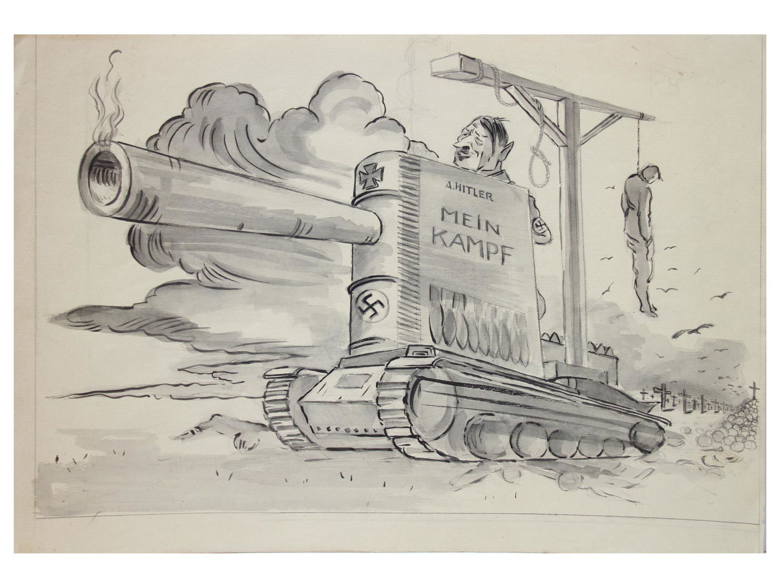 WWII ARMENIAN SOVIET ILLUSTRATION PAINTING: A WWII Armenian Soviet illustration ink painting on paper depicting a caricature scene with Adolf Hitler riding a tank in the form of his book Mein Kampf, a 1925 autobiographical manifesto. Titled and