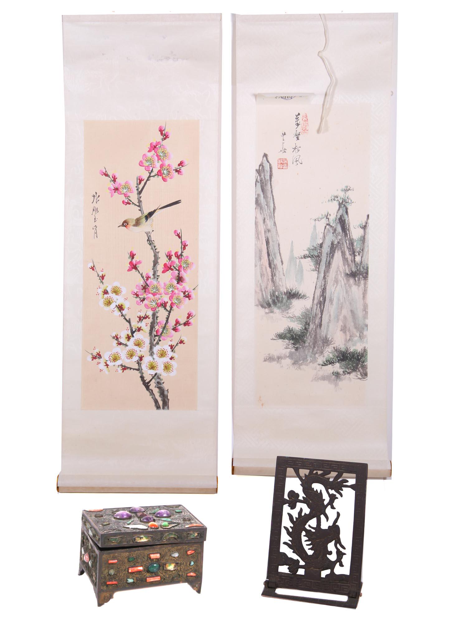 LOT OF CHINESE TWO SCROOL PAINTINGS BOX AND STAND (1 of 11)