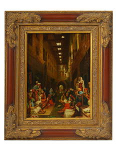 ORIENTAL OIL PAINTING AFTER JOHN FREDERIC LEWIS: An oriental bazaar scene painted in oil on board after The Bezestein Bazaar of El Khan Khalil, Cairo by John Frederick Lewis, British, 1804â€“1876. This very fine copy is painted in the late 19th