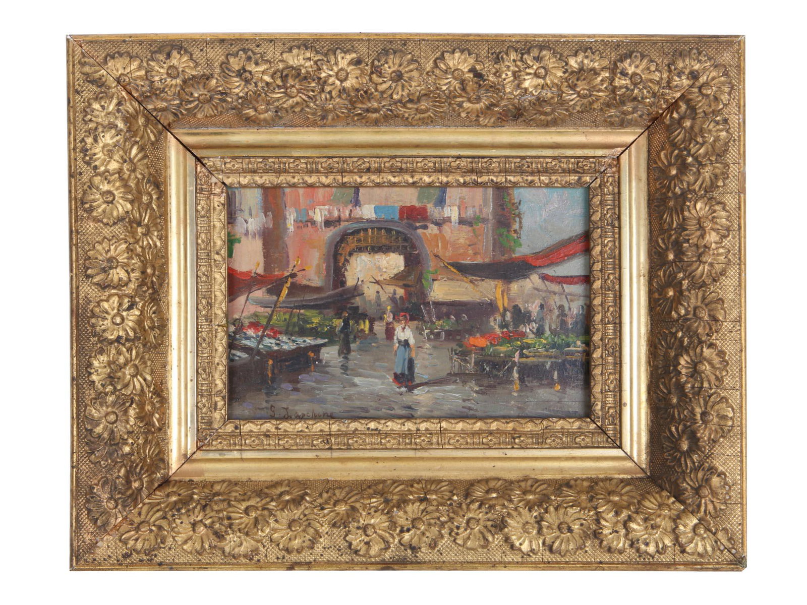 A RUSSIAN PAINTING BY GEORGII LAPSHIN: Georgii Lapshin (Russian, 1885-1950) oil on board Italian market scene painting titled Naple. Signed lower left. Framed. Georges Alexandrovich Lapshine was a painter, graphic artist, scene designer. I