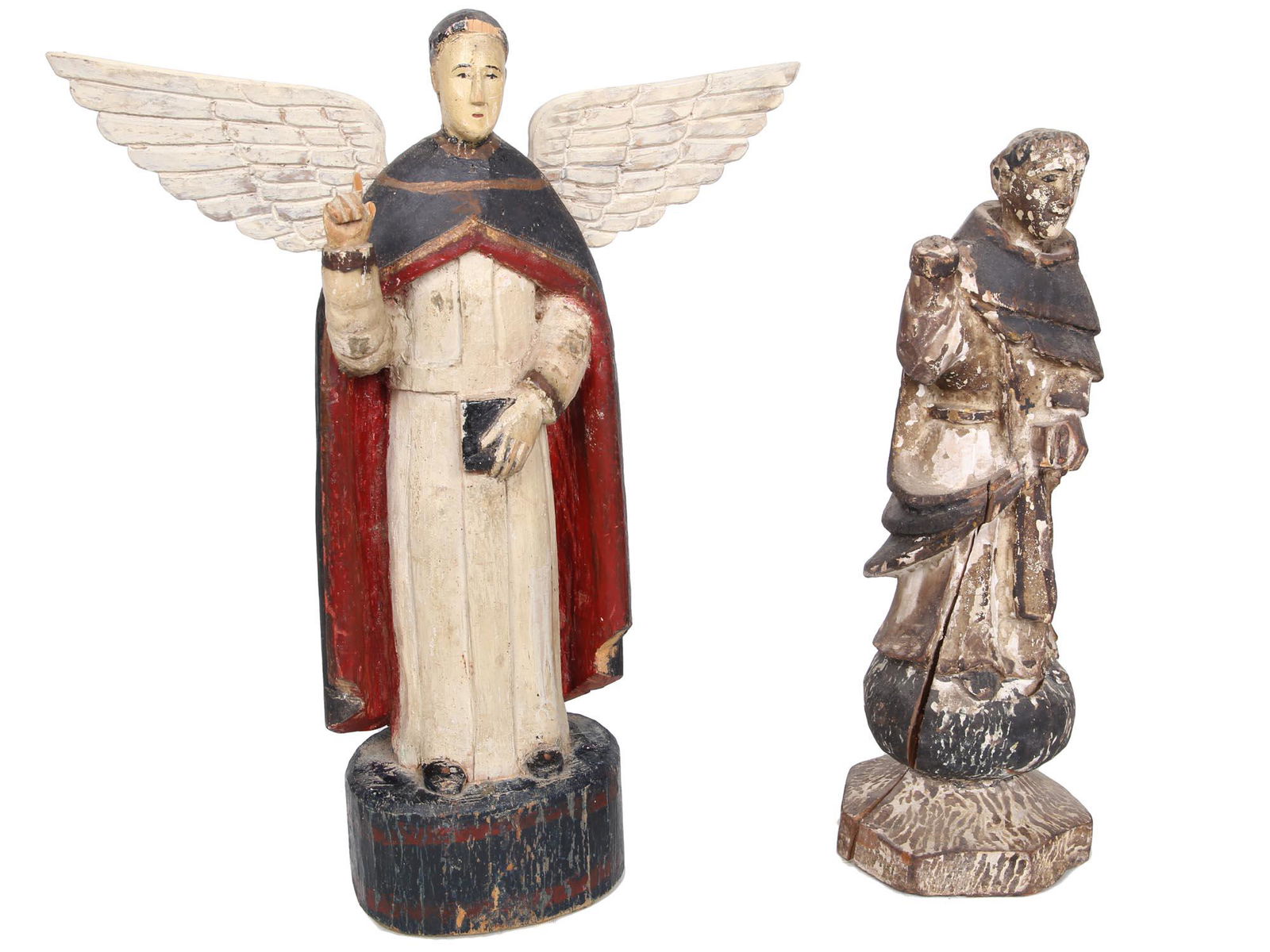 ANTIQUE CATHOLIC WOODEN ICONS OF SAINT DOMINIC: Two Roman Catholic Icons representing Saint Dominic Ordo Praedicatorum. Both sculptures are hand carved on wood and painted. The oldest piece dated mid XIX Century shows signs of burnt and stress. The