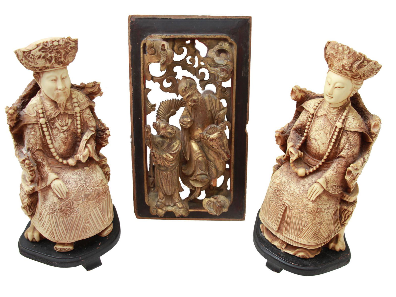 CHINESE EMPEROR FIGURINES AND ORIENTAL WOOD PLAQUE (1 of 12)