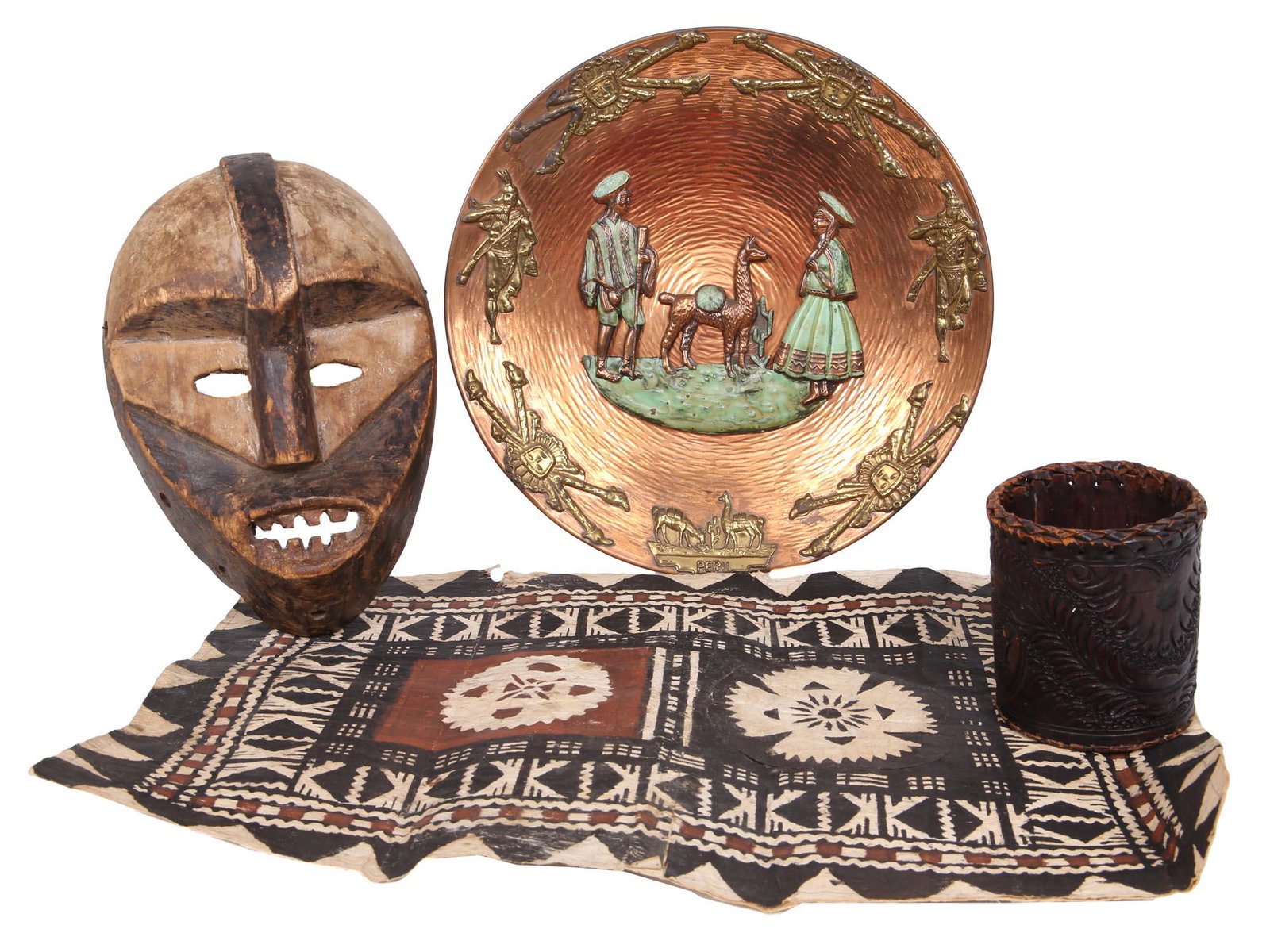 VINTAGE FOUR ETHNIC TRIBAL ART WORLDWIDE DECOR: A lot of four various Ethnic tribal items. The first: an African Zaire Congo hand-carved wooden mask that was made in the form of an oval face with a protruding forehead, well-defined teeth, and oval 