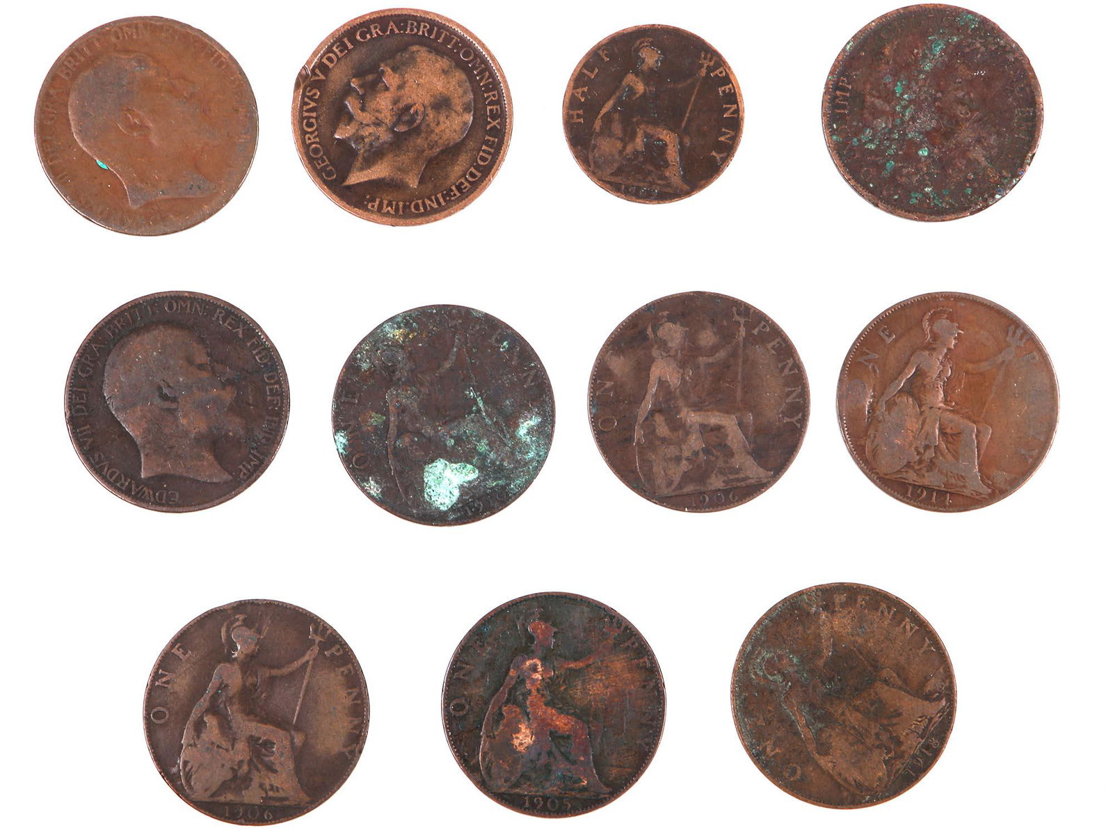 ANTIQUE UK EDWARDIAN PENNY AND HALFPENNY COIN SET: A collection of 11 United Kingdom early 20th century coins. Includes ten 1 penny coins with a portrait of King Edward VII (1841-1910), and one half penny coin. Antique Collectible Numismatics And Exon