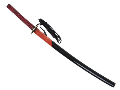 A TRADITIONAL SAMURAI KATANA HAND FORGED SWORD: A traditional Samurai Katana hand forged sword with a carbon steel blade. Leather and cotton cord wrapped handle. Includes matching scabbard.Dimensions: 41 1/2" in length. All measurements are