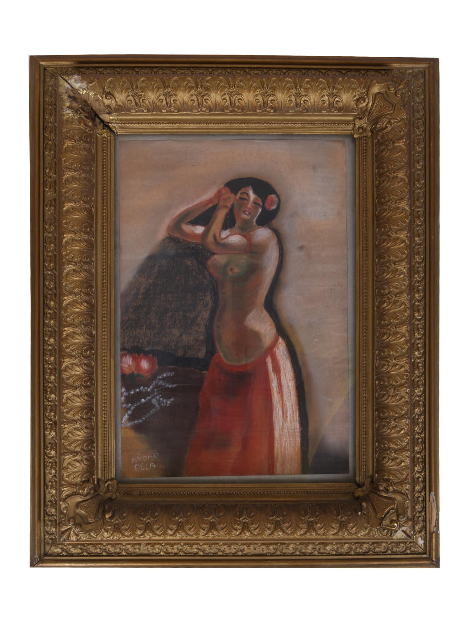 HUNGARIAN MIXED MEDIA PAINTING NUDE BY BELA KADAR: Bela Kadar (Hungarian, French, 1877-1956) mixed media (gouache and pastel) painting on paper depicting a nude female dancer. Signed lower left. Framed. Bela Kadar, a Hungarian painter influenced by De