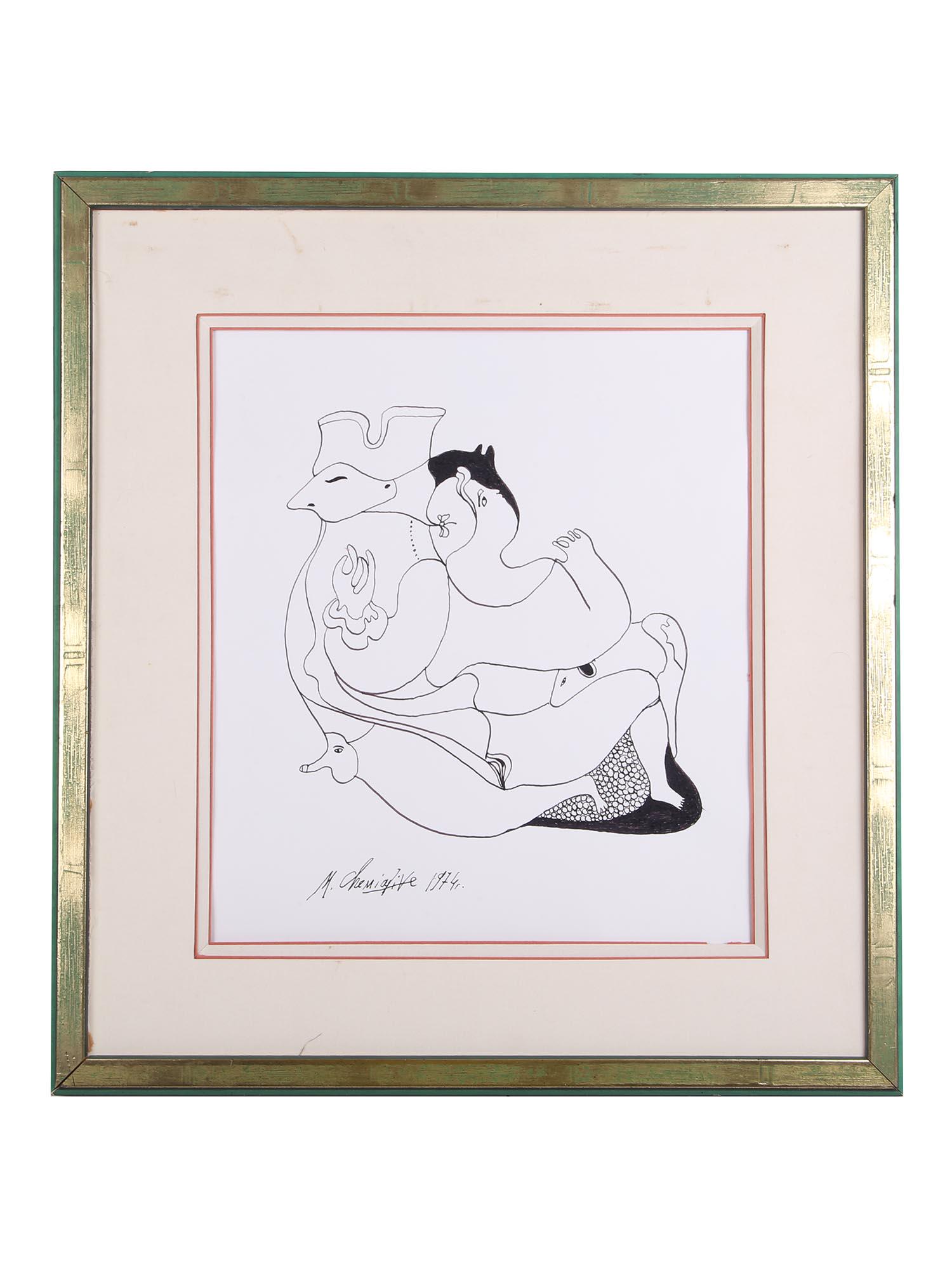 RUSSIAN INK PAINTING SKETCH BY MIKHAIL CHEMIAKIN: Mikhail Chemiakin (Russian, born 1943) ink painting on paper, erotic sketch, depicting Avant Garde figures, 1974. Signed and dated lower left. Framed. Mikhail Chemiakin is known for Animal, portrait, 