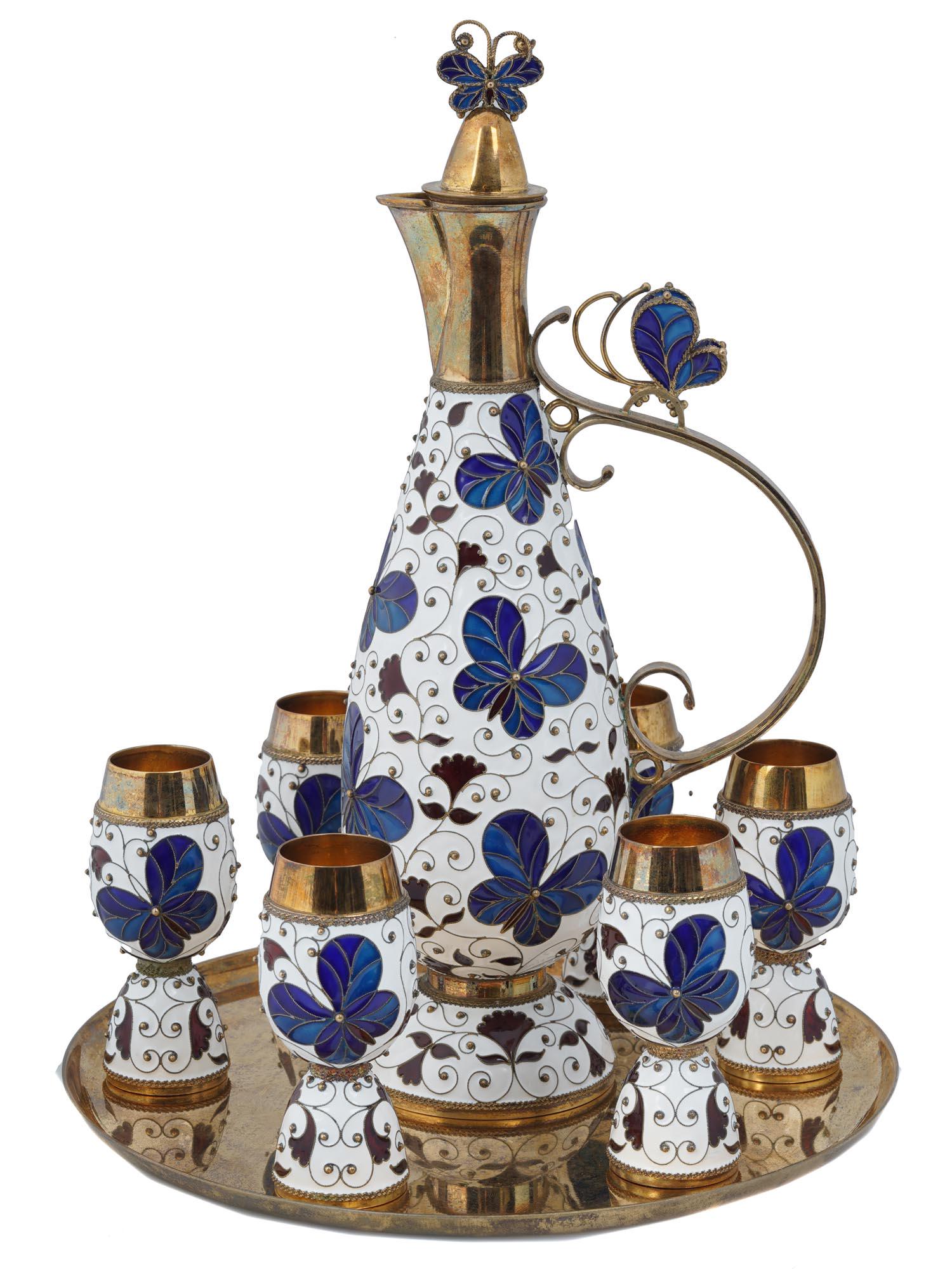 RUSSIAN GILT SILVER CLOISONNE ENAMEL VODKA SET (1 of 9)