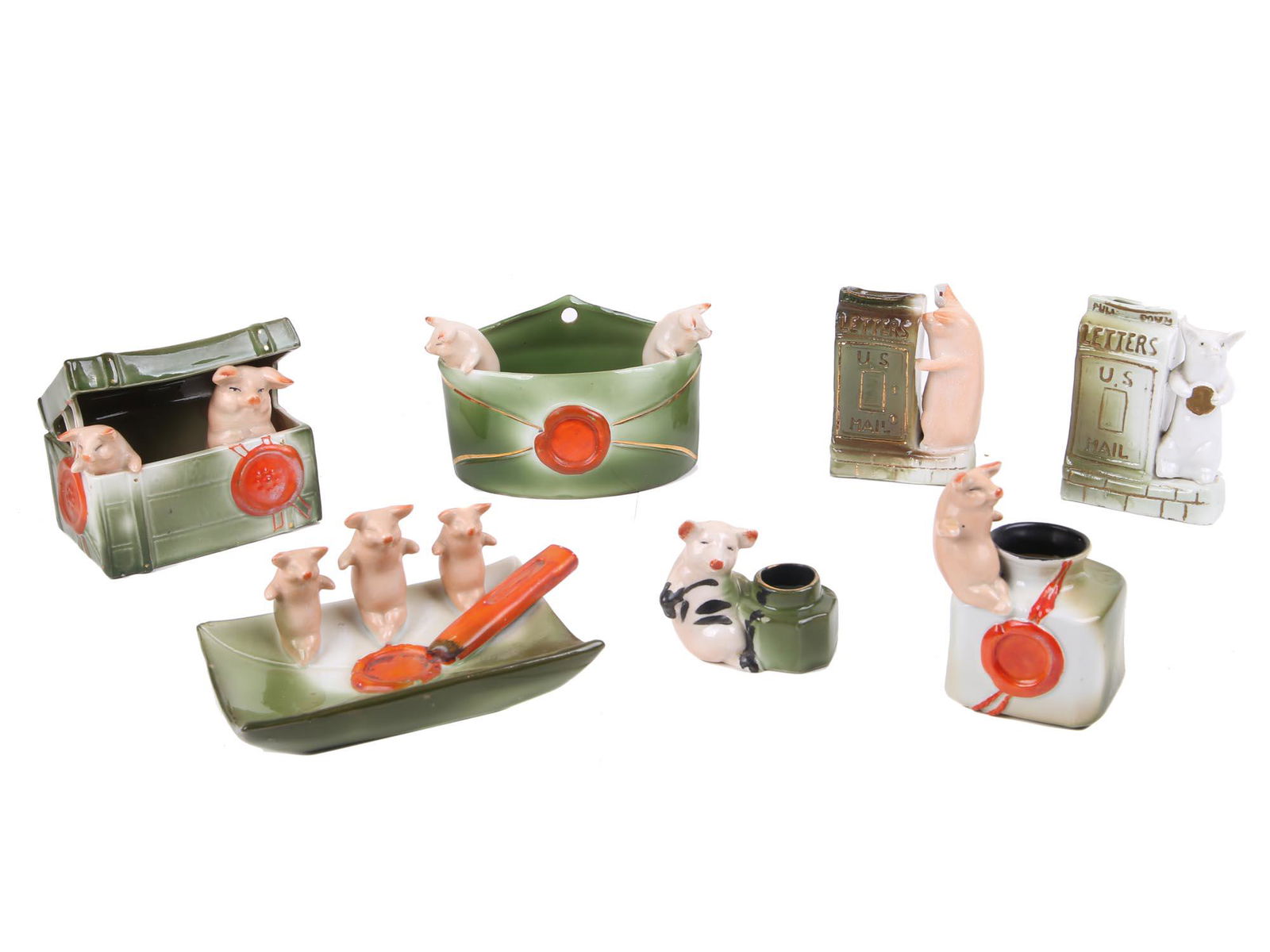 LOT SEVEN GERMAN FAIRING PORCELAIN PIG FIGURINES (1 of 6)