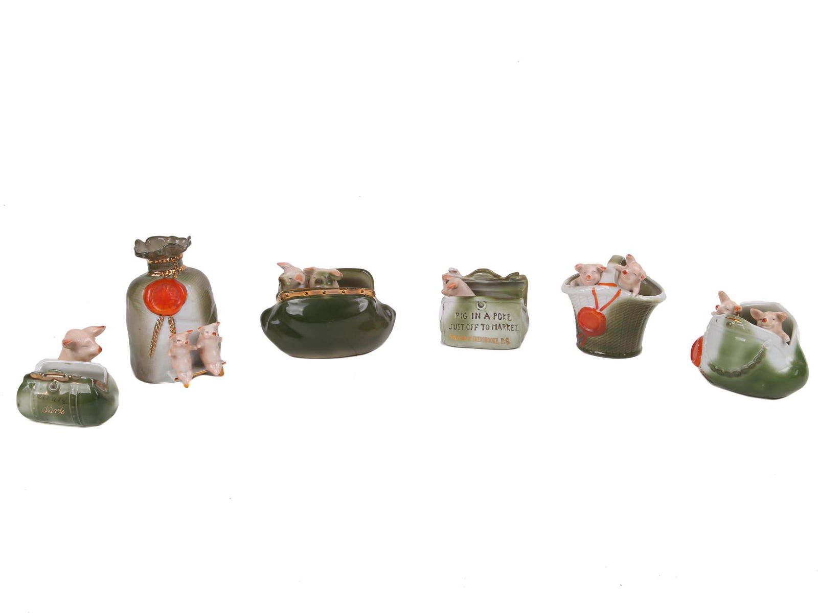 LOT OF SIX GERMAN FAIRING PORCELAIN PIG FIGURINES (1 of 6)