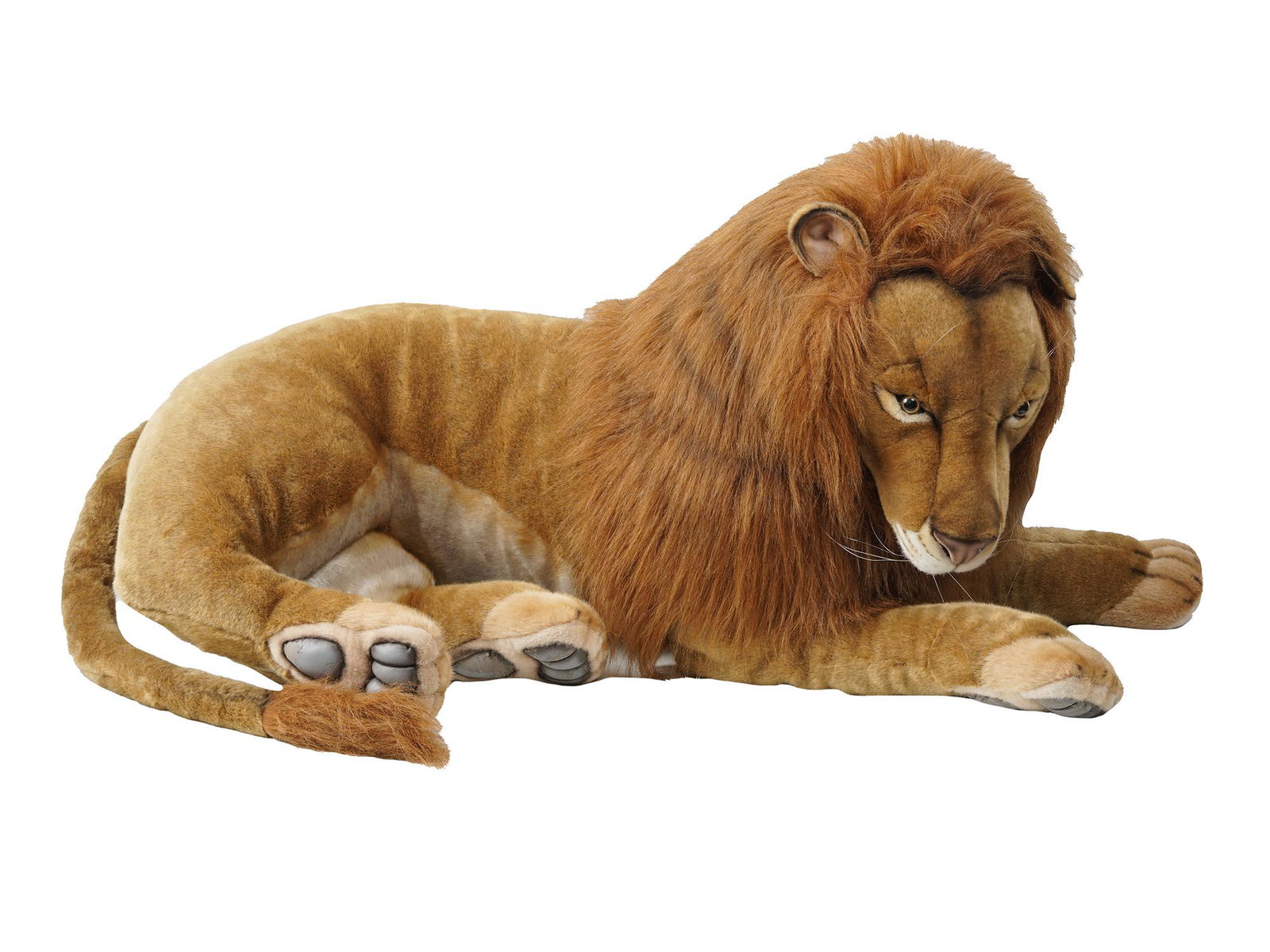 LION HANSA CREATIONS LARGE STUFFED ANIMAL: An extra large hand made lion plush toy, copyright 2000, by Hansa Toy International and Thomas Boland & Co. Made using over 42 separate pieces sewn together to make up the lion's anatomy. Hansa Toy Co
