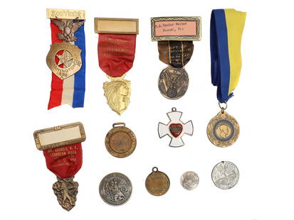 A LOT OF 11 ANTIQUE AMERICAN MEDALS AND COINS: The lot includes:A 1892 26th National Encampment Washington medal. A 43rd annual convention Firemen's Association badge;A 24th Annual Convention Fond Dulac badge;A Rotary Foundation Paul Harris Fellow