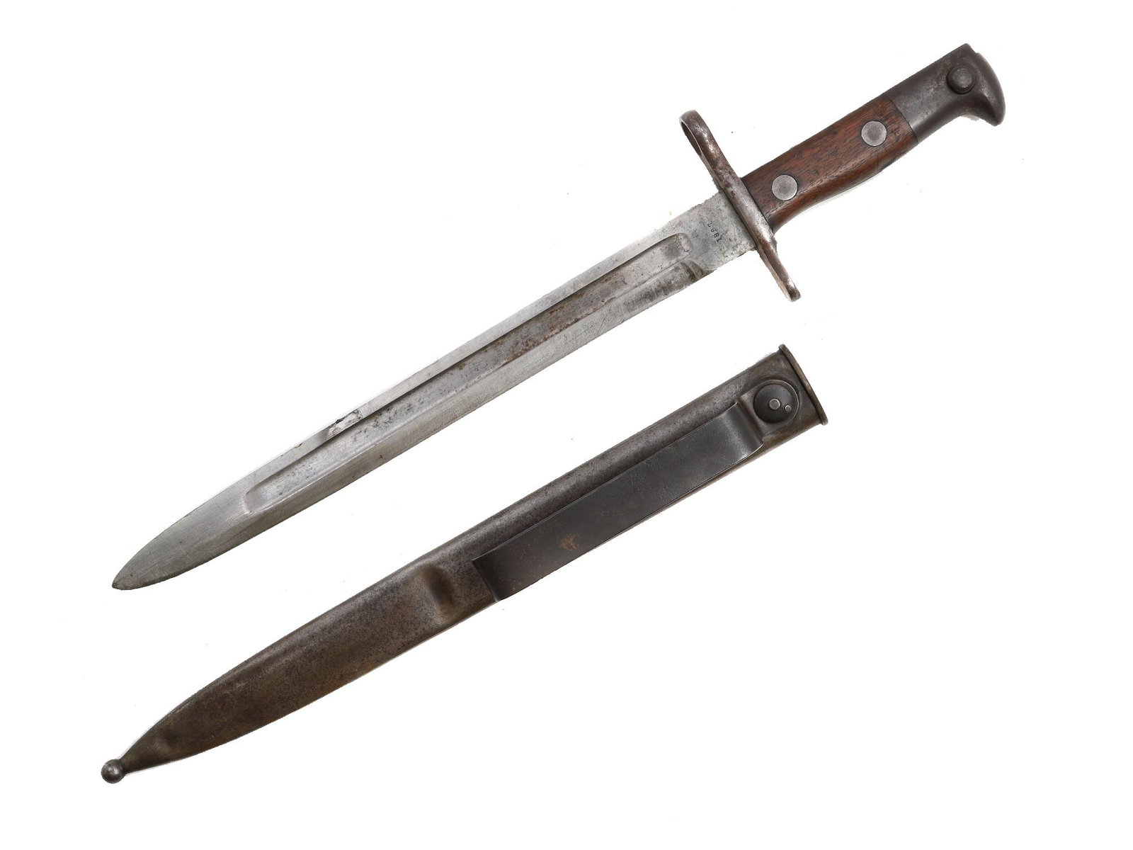 A US M1892 KRAG RIFLE BAYONET: Bayonet for the .30 Government Caliber U.S. Magazine Rifle M1898 (.30â€“40 Caliber Krag-Jorgensen) and variations. Blade marked on ricasso "1897" and "US" Metal scabbard. Dimensions: L: 17 5/16 i
