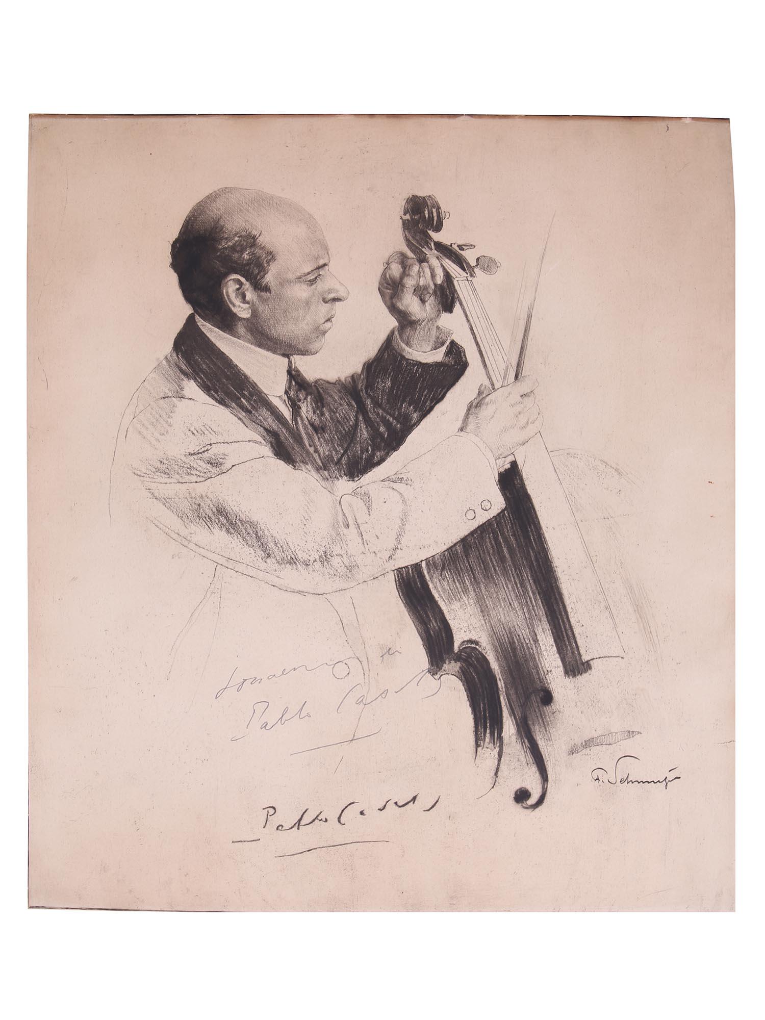 AUTOGRAPHED ETCHING OF PABLO CASALS BY SCHMUTZER: Ferdinand Schmutzer (Austrian, 1870-1928) autographed etching on paper of Pablo Casals (1876-1973) tuning his cello. Casals, from Catalonia, Spain, is regarded as one of the greatest cellists of the 2