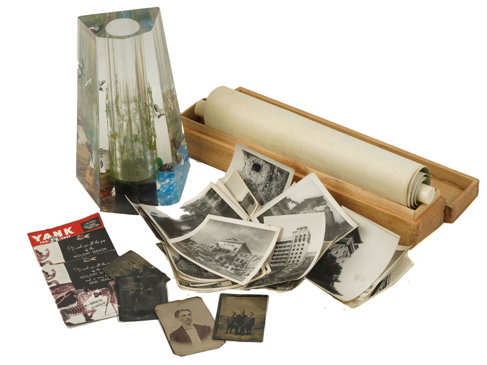 ORIENTAL DECOR AND VINTAGE WWII PERIOD PHOTOS: The lot includes a vintage Resin Geometric Clear bud vase with hand carved painted wood ducks, possibly Canadian; antique 19th century photographs, vintage World War II period photographs and postcard