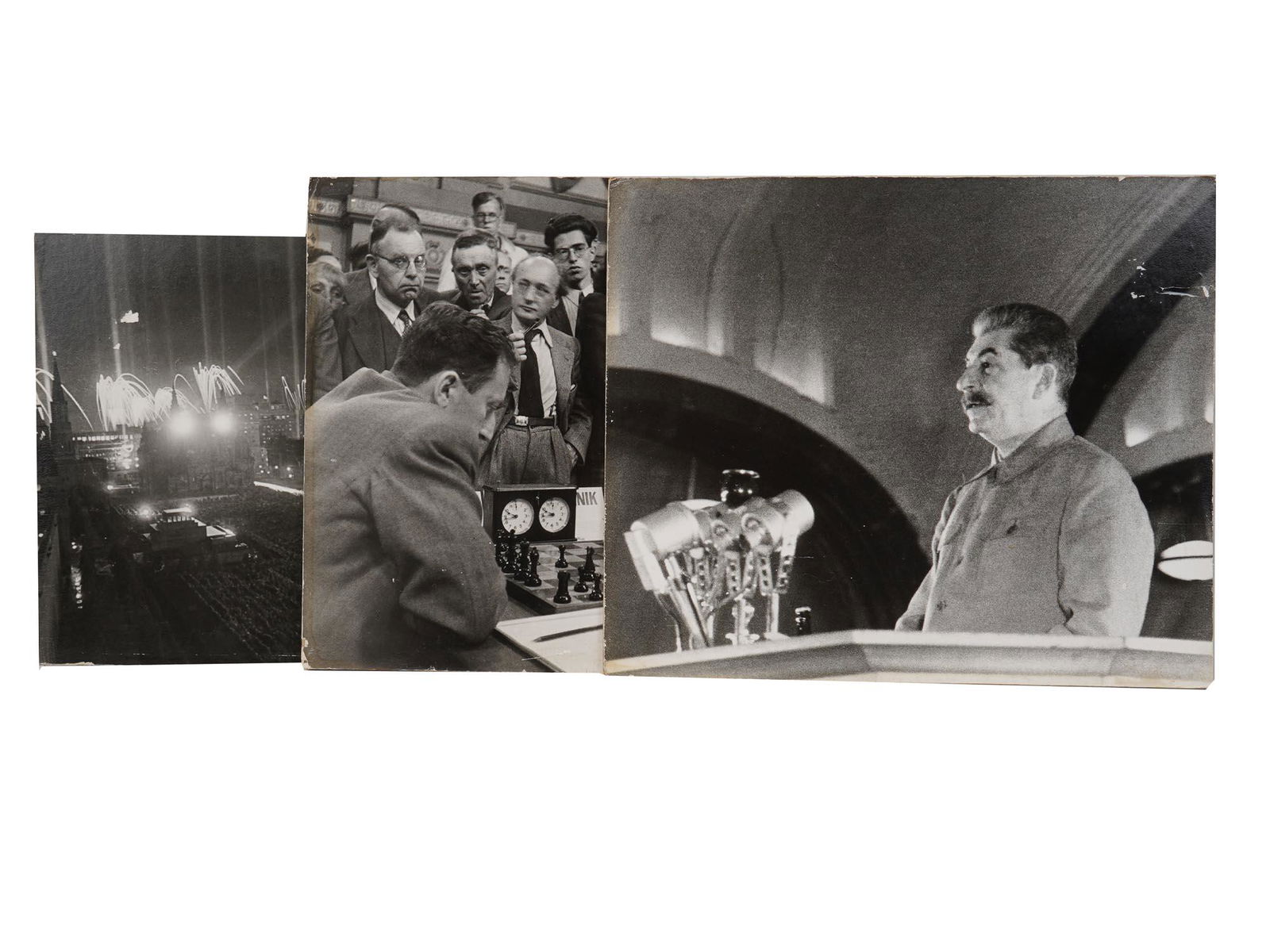 THREE SOVIET PROPAGANDA STALIN RED SQUARE PHOTOS: Three Soviet propaganda black and white photos of Joseph Stalin addressing the nation at Mayakovskaya Station on the 6th of November, 1941 during the Great Patriotic War, a chess game at the internati